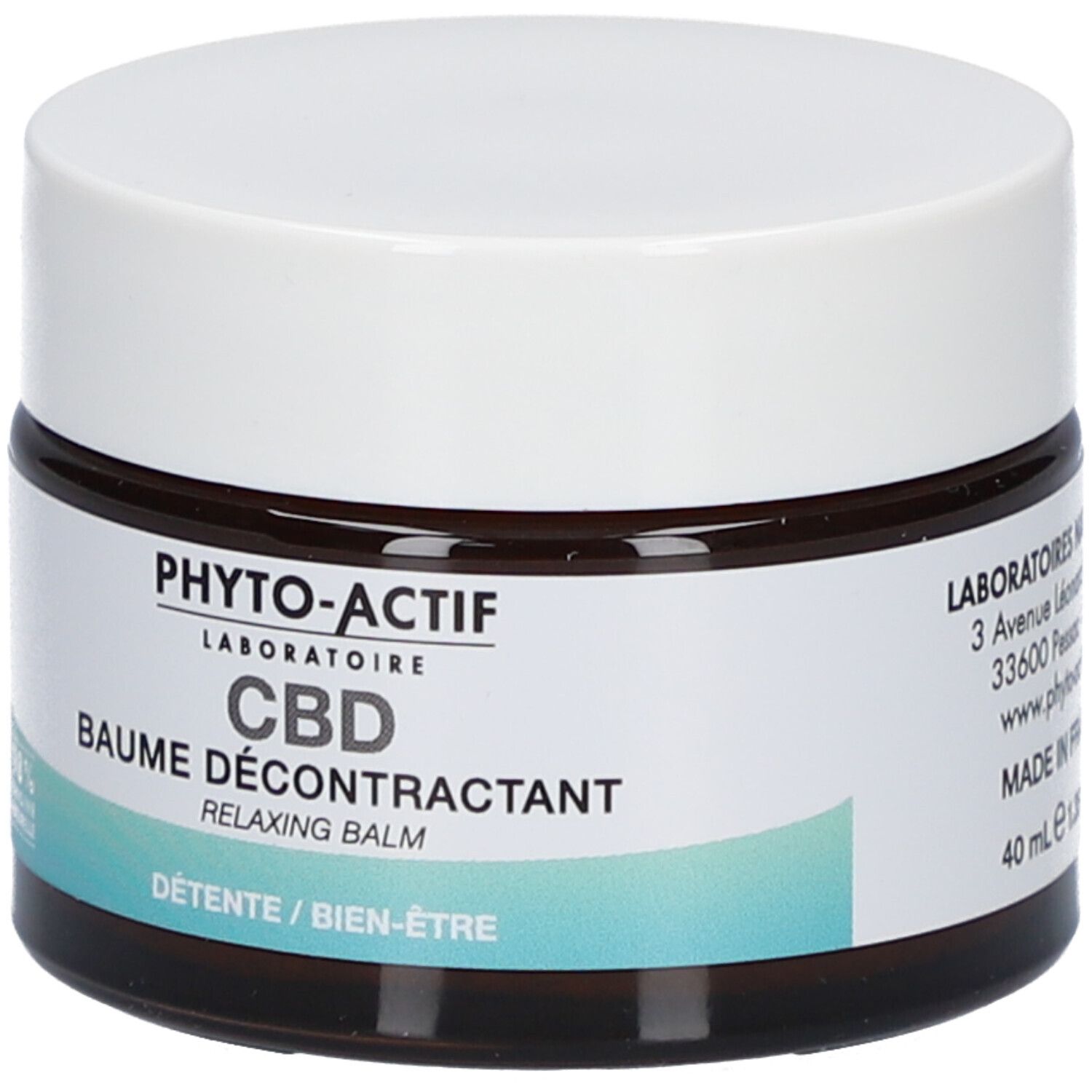Pot en verre brun avec couvercle blanc. Inscriptions: PHYTO-ACTIF, CBD, Baume Décontractant, Relaxing Balm, 40 ml.