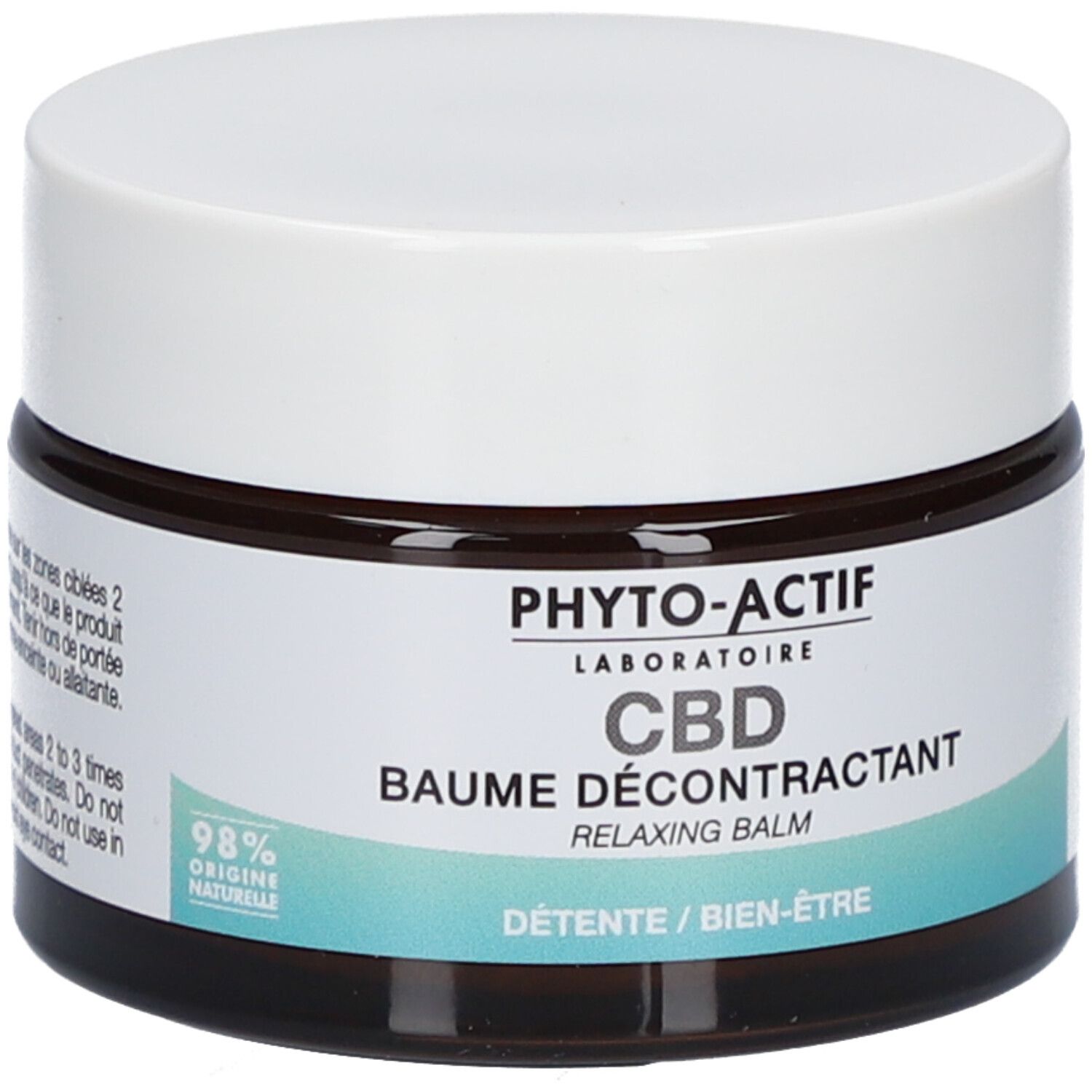 Pot en verre brun avec couvercle blanc. Inscriptions: PHYTO-ACTIF, CBD, Baume Décontractant, Relaxing Balm, 98% Origine Naturelle.