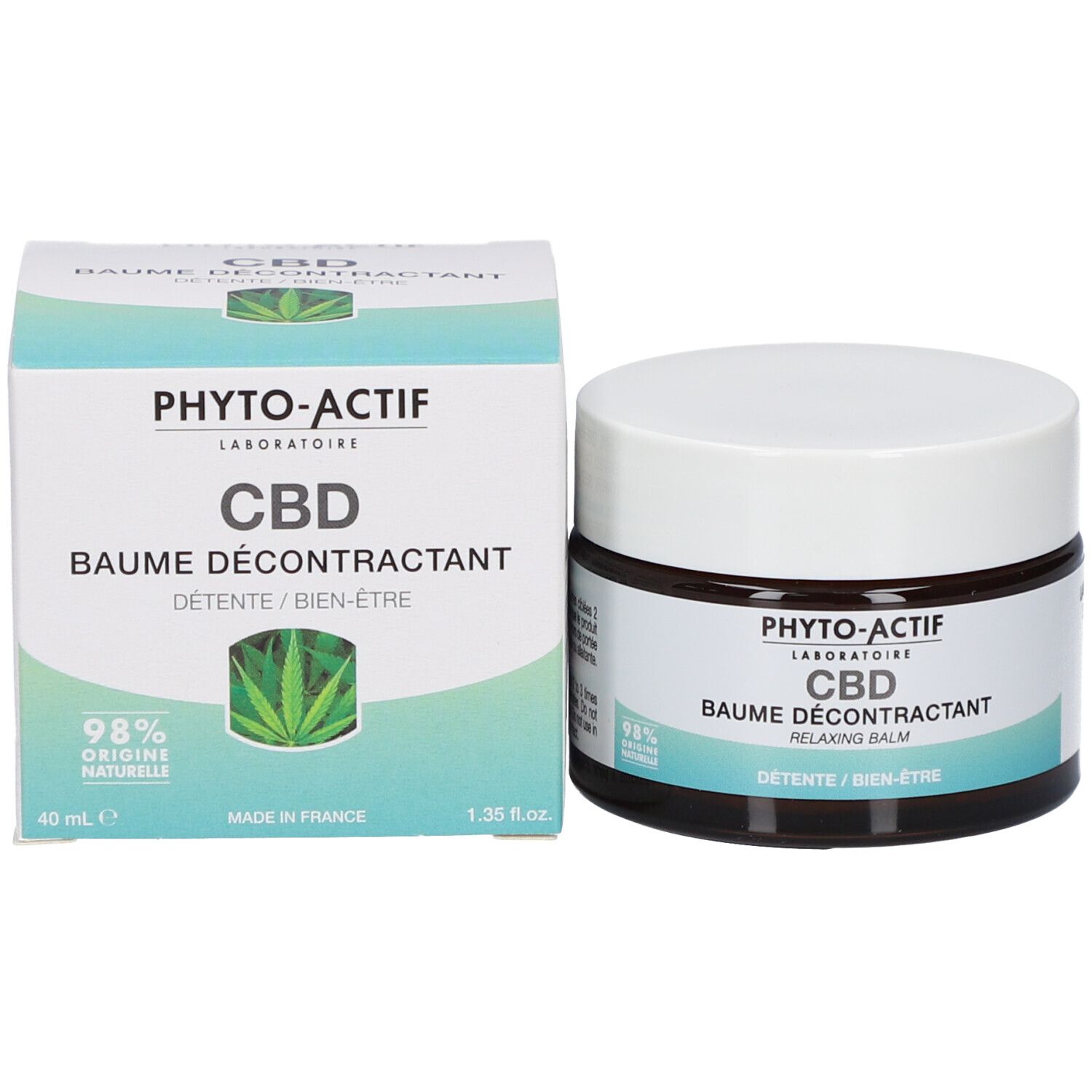 Emballage du produit avec pot et boîte. Inscriptions: PHYTO-ACTIF, CBD, Baume Décontractant, 40 ml, 1.35 fl.oz., Made in France.