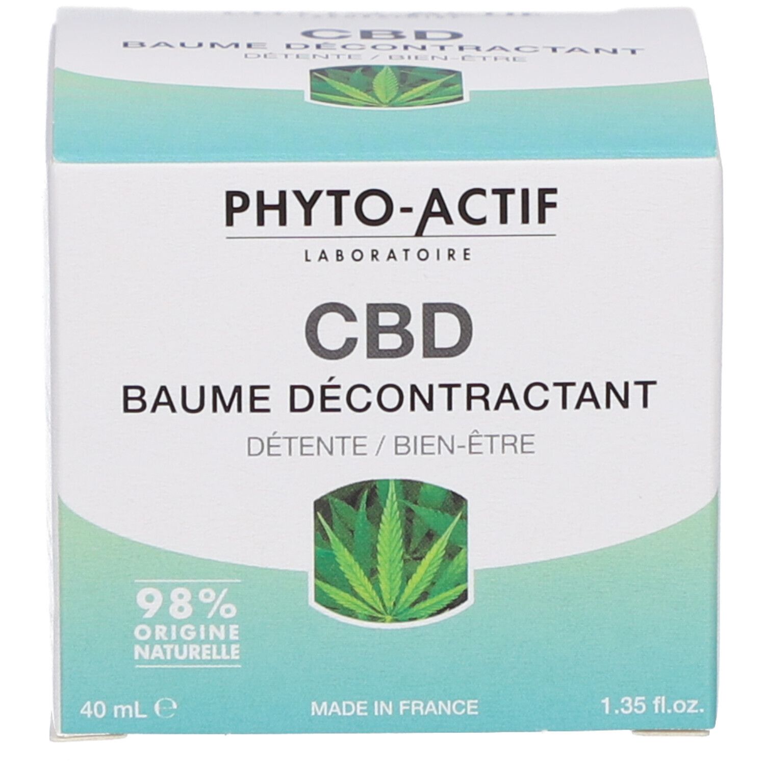 Emballage du produit. Inscriptions: PHYTO-ACTIF, CBD, Baume Décontractant, 40 ml, 1.35 fl.oz., 98% Origine Naturelle, Made in France.