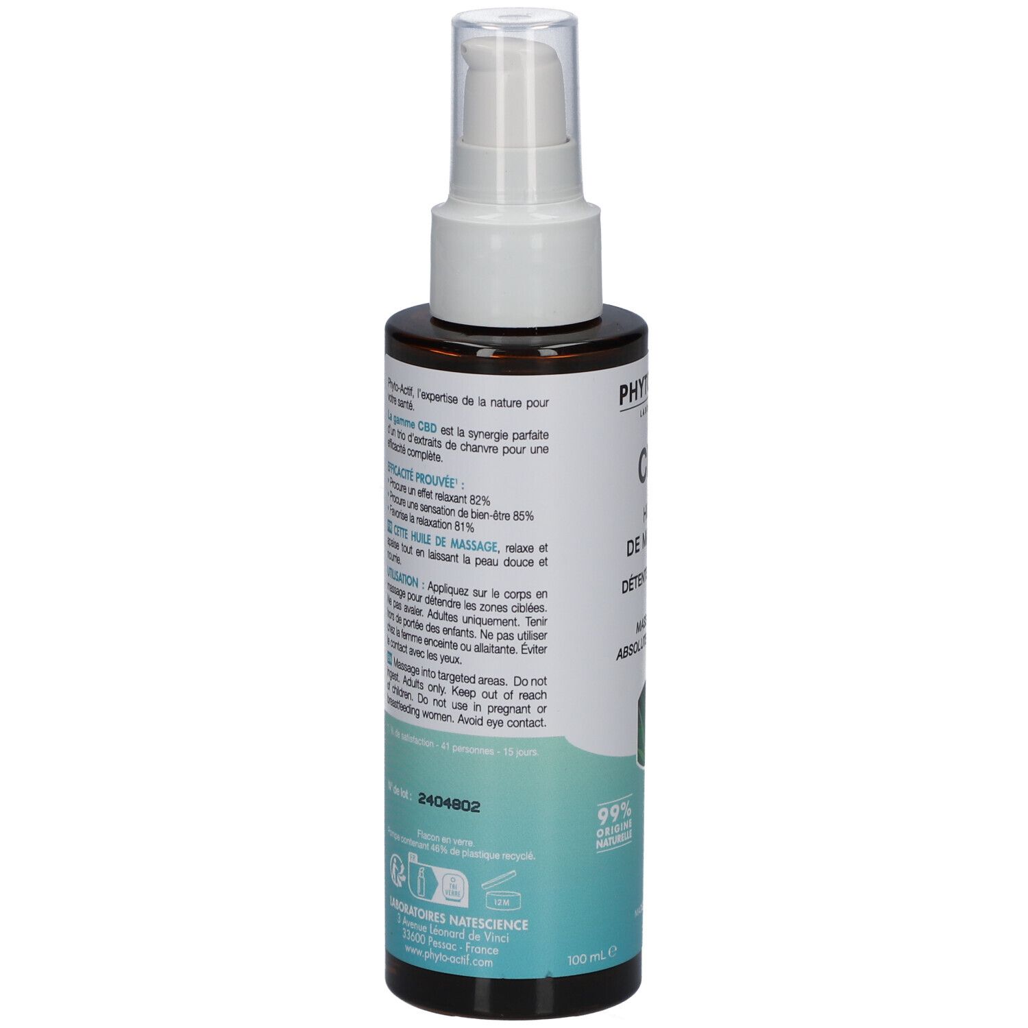 Flacon brun avec vaporisateur blanc. Inscriptions: PHYTO-ACTIF, CBD, Huile de Massage, Détente absolue. 99% ingrédients naturels.