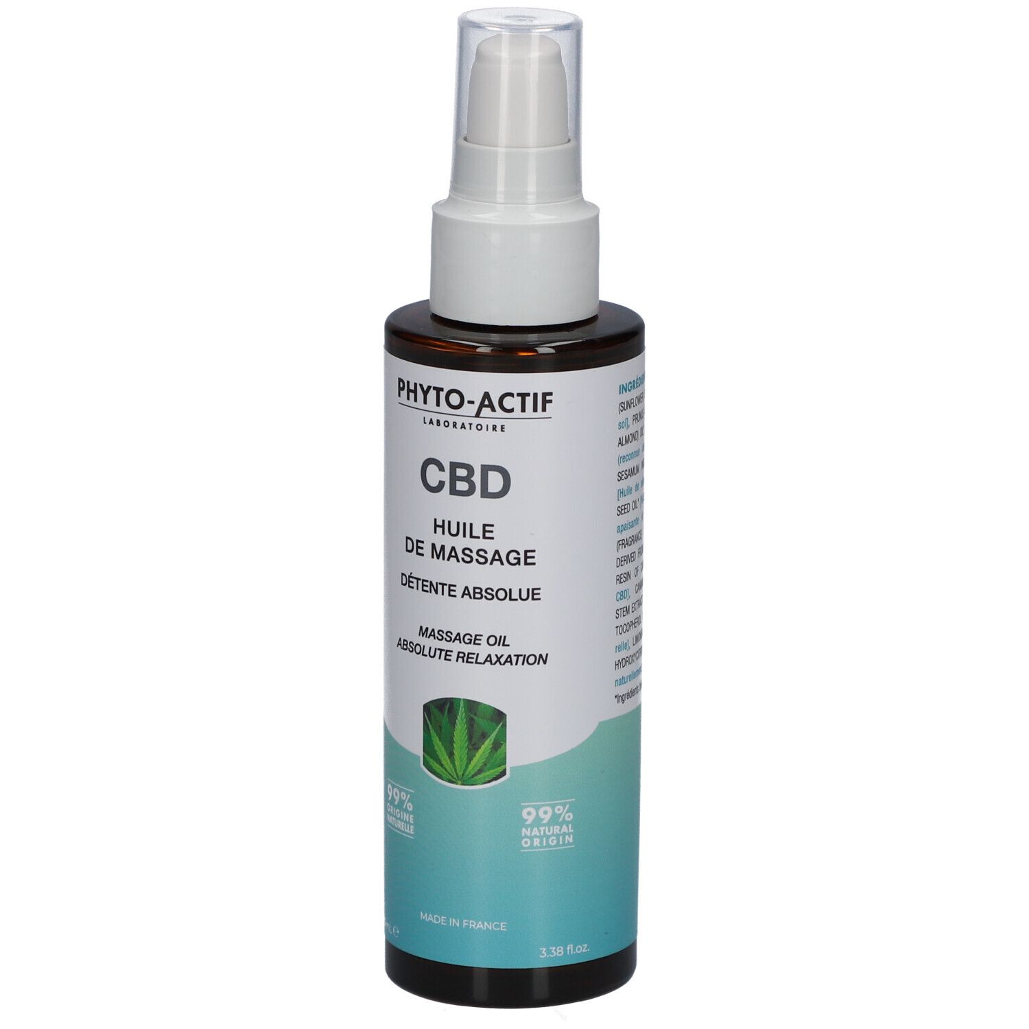 Flacon brun avec vaporisateur blanc. Inscriptions: PHYTO-ACTIF, CBD, Huile de Massage, Détente absolue. Logo feuille de cannabis. 99% naturel.