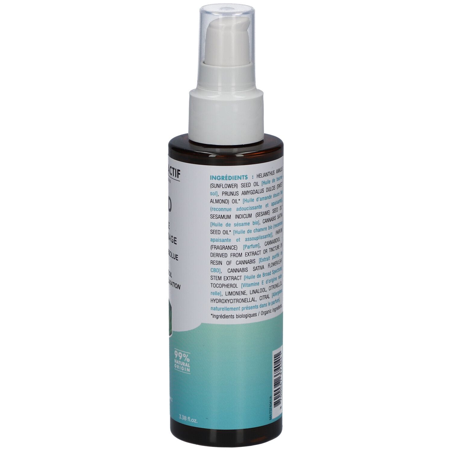 Flacon brun avec vaporisateur blanc. Inscriptions: PHYTO-ACTIF, CBD, Huile de Massage, Détente absolue. Liste des ingrédients au dos.