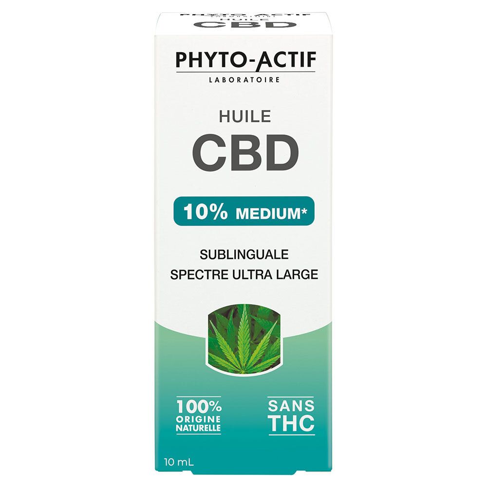 Boîte blanche PHYTO-ACTIF Huile CBD 10%. Contient 10 ml. Graphique feuille de cannabis et mention "Sans THC".