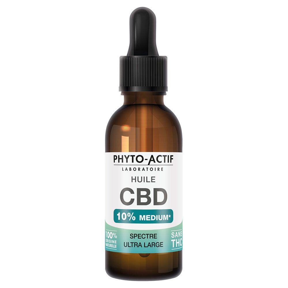 Flacon en verre brun avec pipette noire. Inscription PHYTO-ACTIF Huile CBD 10%. Contient 10 ml. Avec "Sans THC".