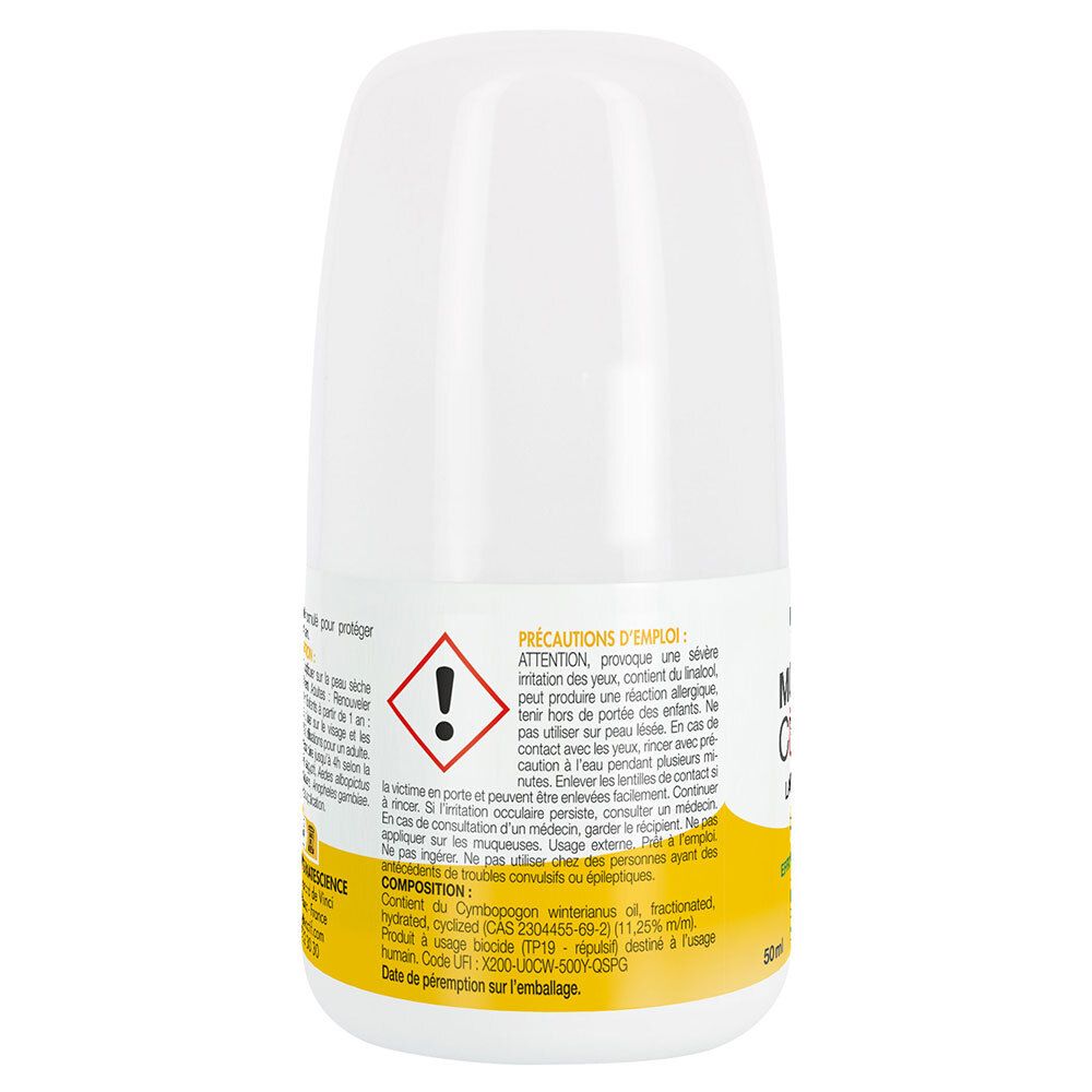 Dos du flacon roll-on blanc. Étiquette jaune avec texte et symboles d'avertissement. Contient des informations.