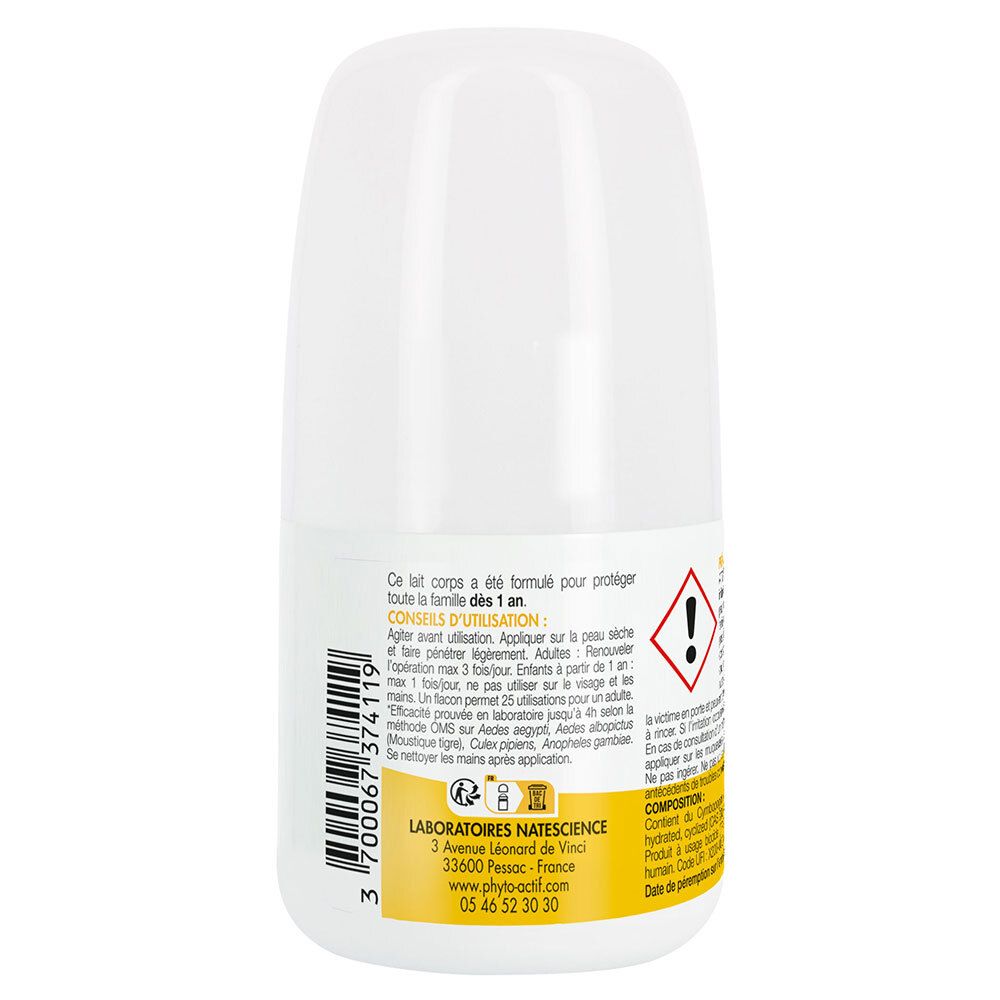 Dos du flacon roll-on blanc. Étiquette jaune avec texte, symbole d'avertissement et code-barres. Informations.