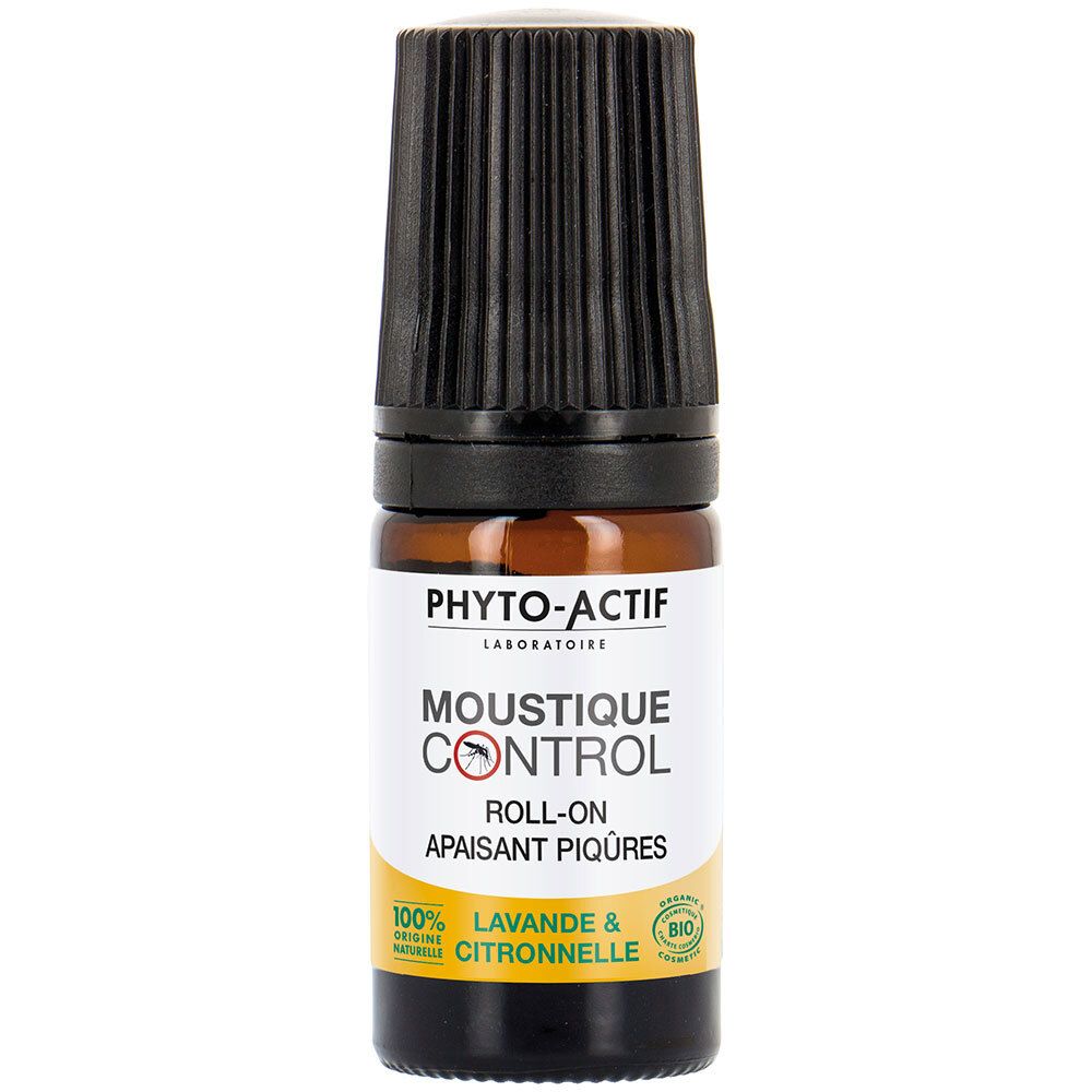 Flacon en verre brun, bouchon noir. Inscription: PHYTO-ACTIF, Moustique Control, Roll-on, Apaisant Piqûres. 100% Lavande & Citronnelle.