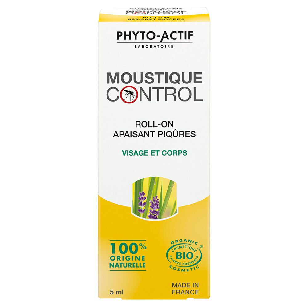 Emballage avec produit. Inscription: PHYTO-ACTIF, Moustique Control, Roll-on, Apaisant Piqûres, Visage et Corps. 100% Origine Naturelle.