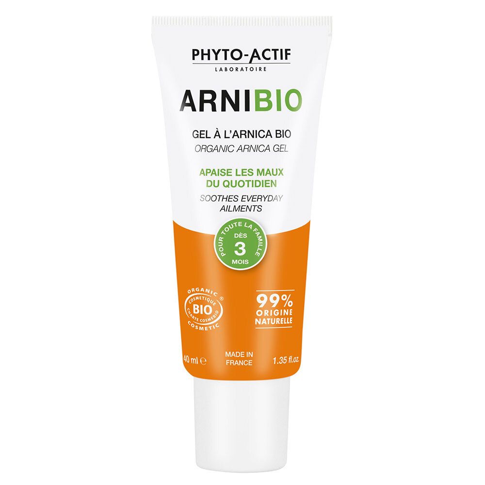 Tube blanc avec bouchon. Inscription: ARNI BIO, Gel à l'Arnica Bio. Certification bio, 99% ingrédients naturels.