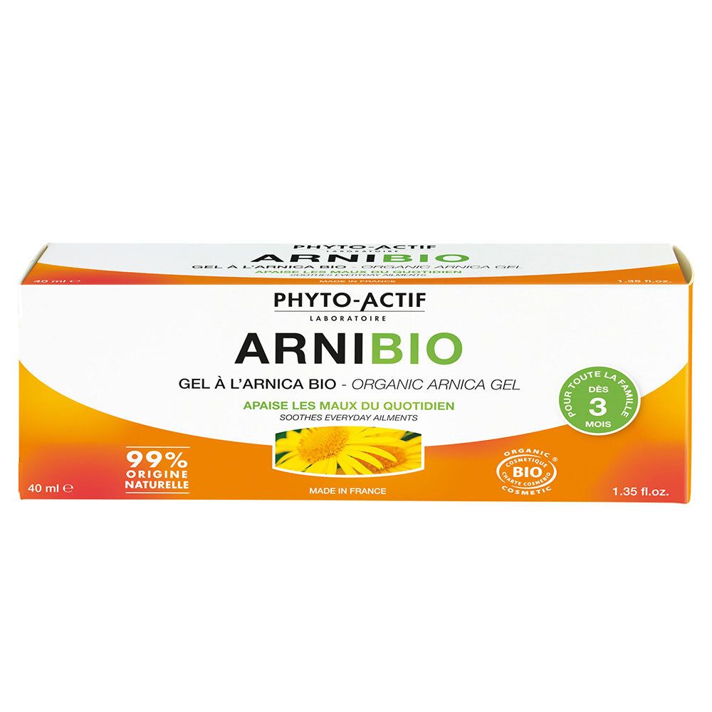 Boîte avec inscription ARNI BIO, Gel à l'Arnica Bio. Certification bio, 99% ingrédients naturels. Fleur jaune.