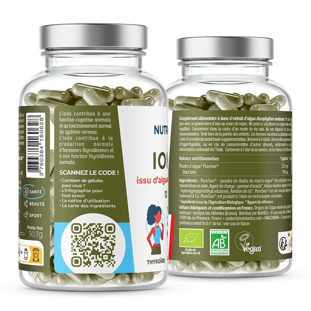 Dos du flacon avec gélules. Texte et QR code. Inscription: NUTRI&CO IODE. Illustration: thyroïde. Code-barres. 50,7g. Certifications.