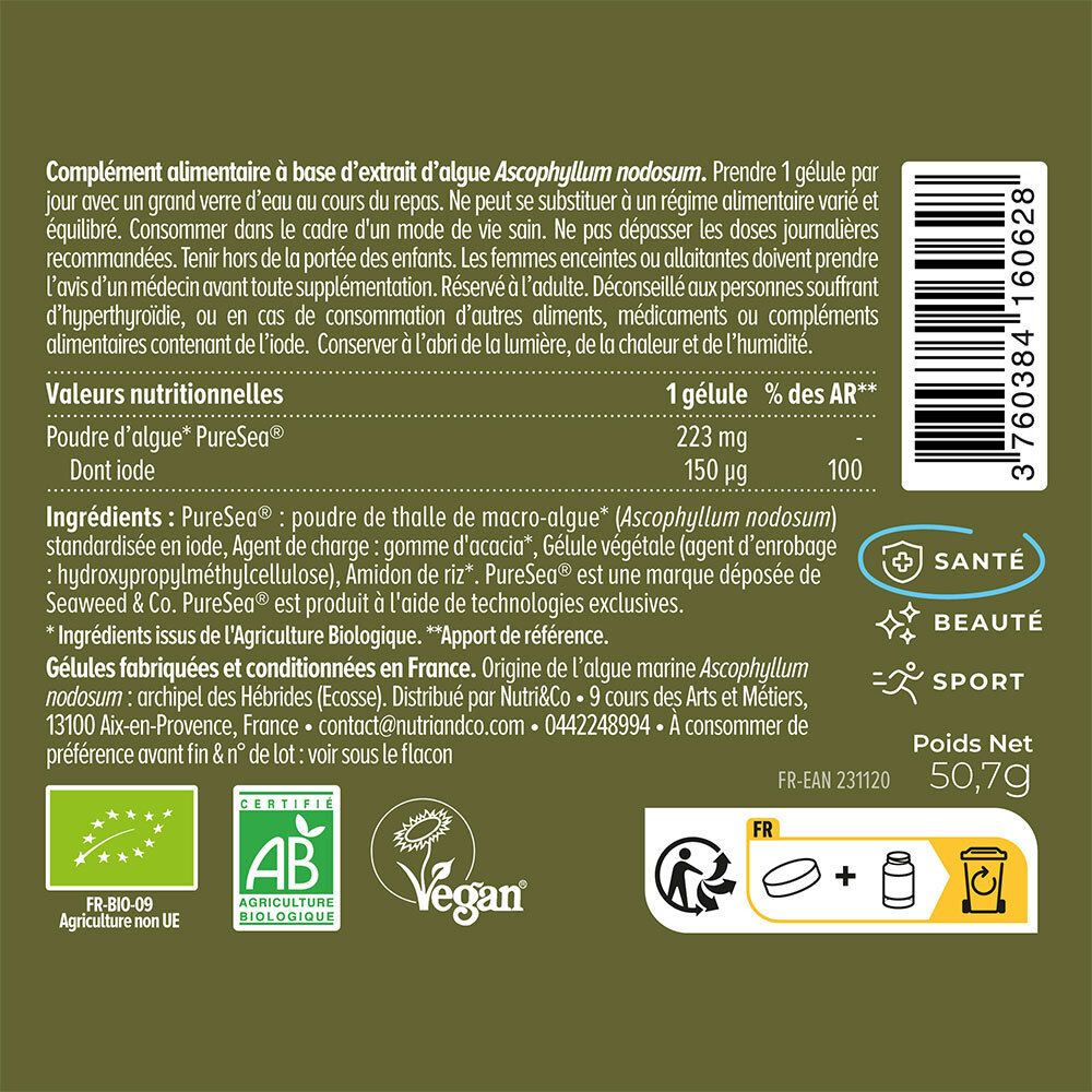 Dos du flacon avec gélules. Texte, ingrédients, valeurs nutritionnelles. Certifications: AB, Vegan. Poids net: 50,7g. FR-EAN 231120.