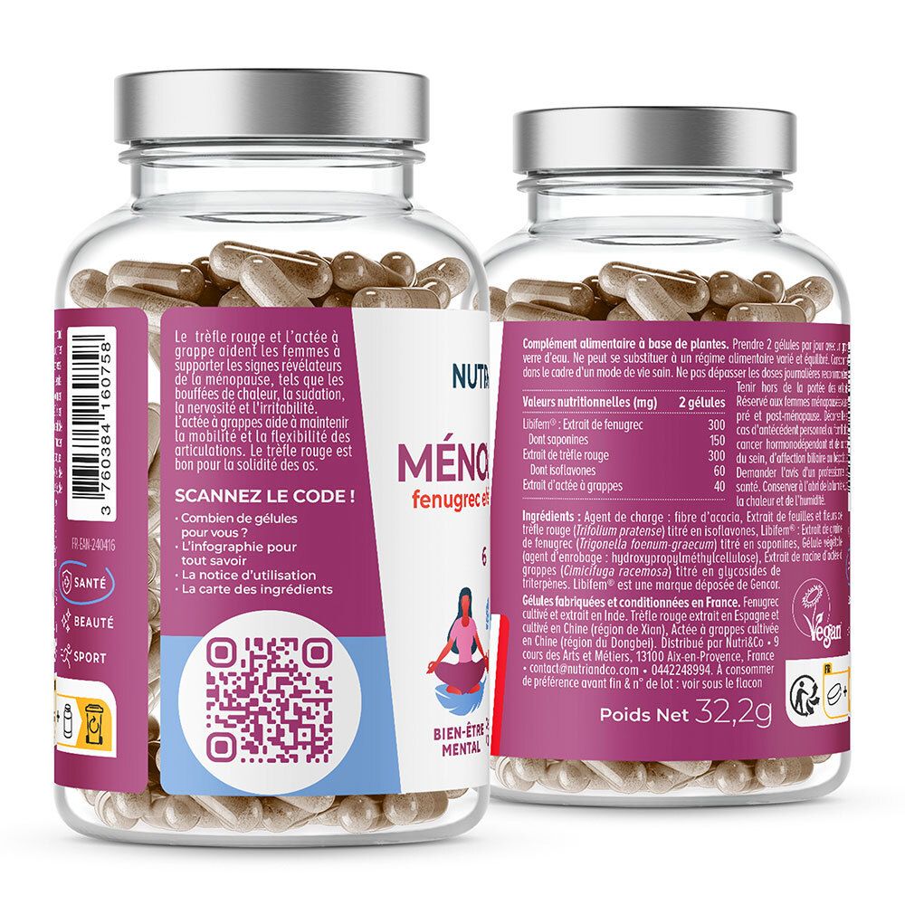 Dos du flacon de gélules. Texte et QR code. Inscription: MÉnopause, fenugrec et trèfle rouge. Illustration d'une femme.