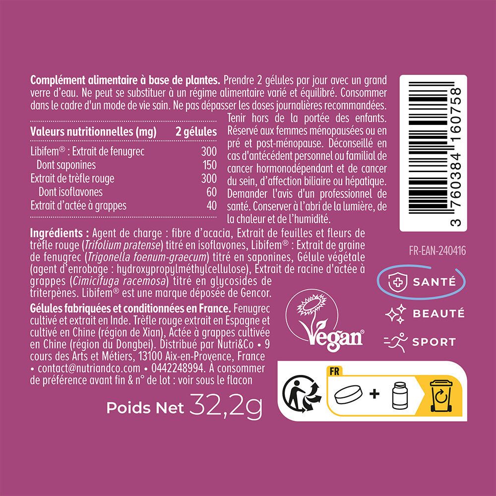 Gros plan du dos du flacon. Texte avec informations nutritionnelles, ingrédients, logo Vegan et drapeau français.