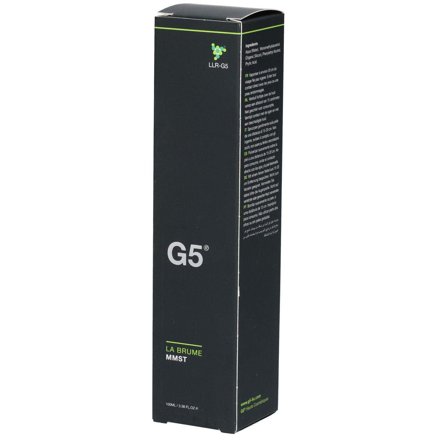 Emballage produit noir et allongé. Logo LLR-G5 en haut à gauche, suivi de G5. En dessous, LA BRUME MMST. Texte en bas.