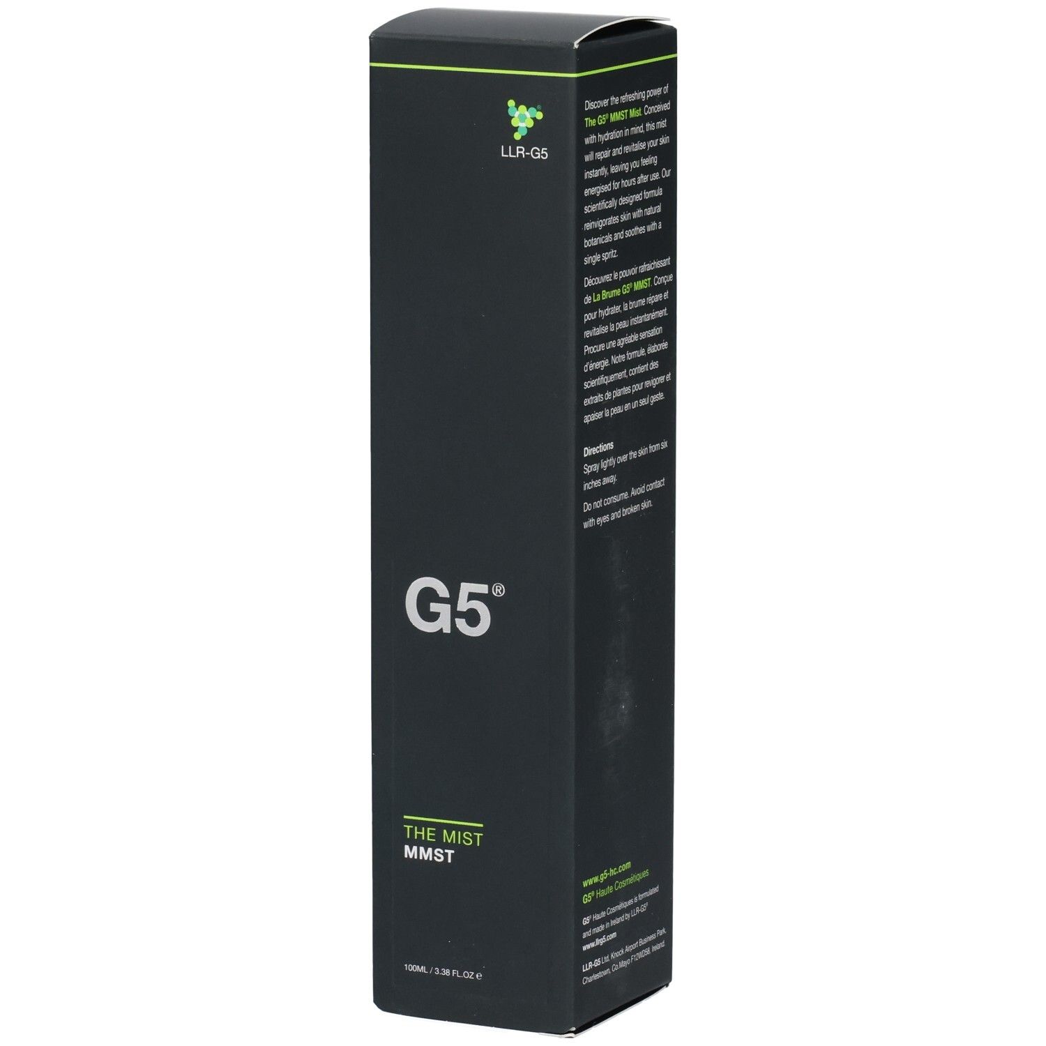 Emballage produit noir avec texte. Logo LLR-G5 en haut à gauche, suivi de G5. Le texte décrit le produit et son utilisation.