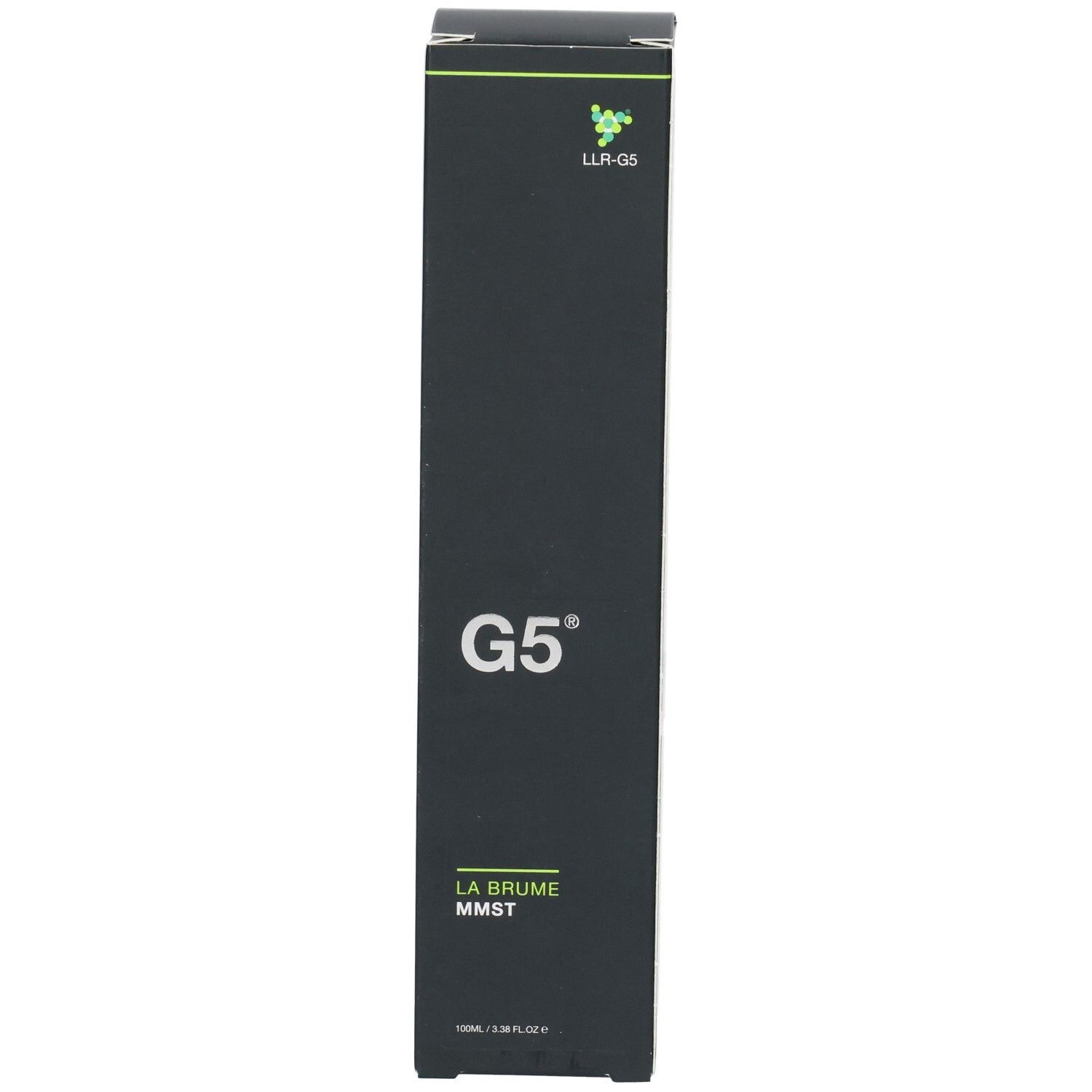 Emballage produit noir et allongé. Logo LLR-G5 en haut à gauche, suivi de G5. En dessous, LA BRUME MMST. Texte en bas.
