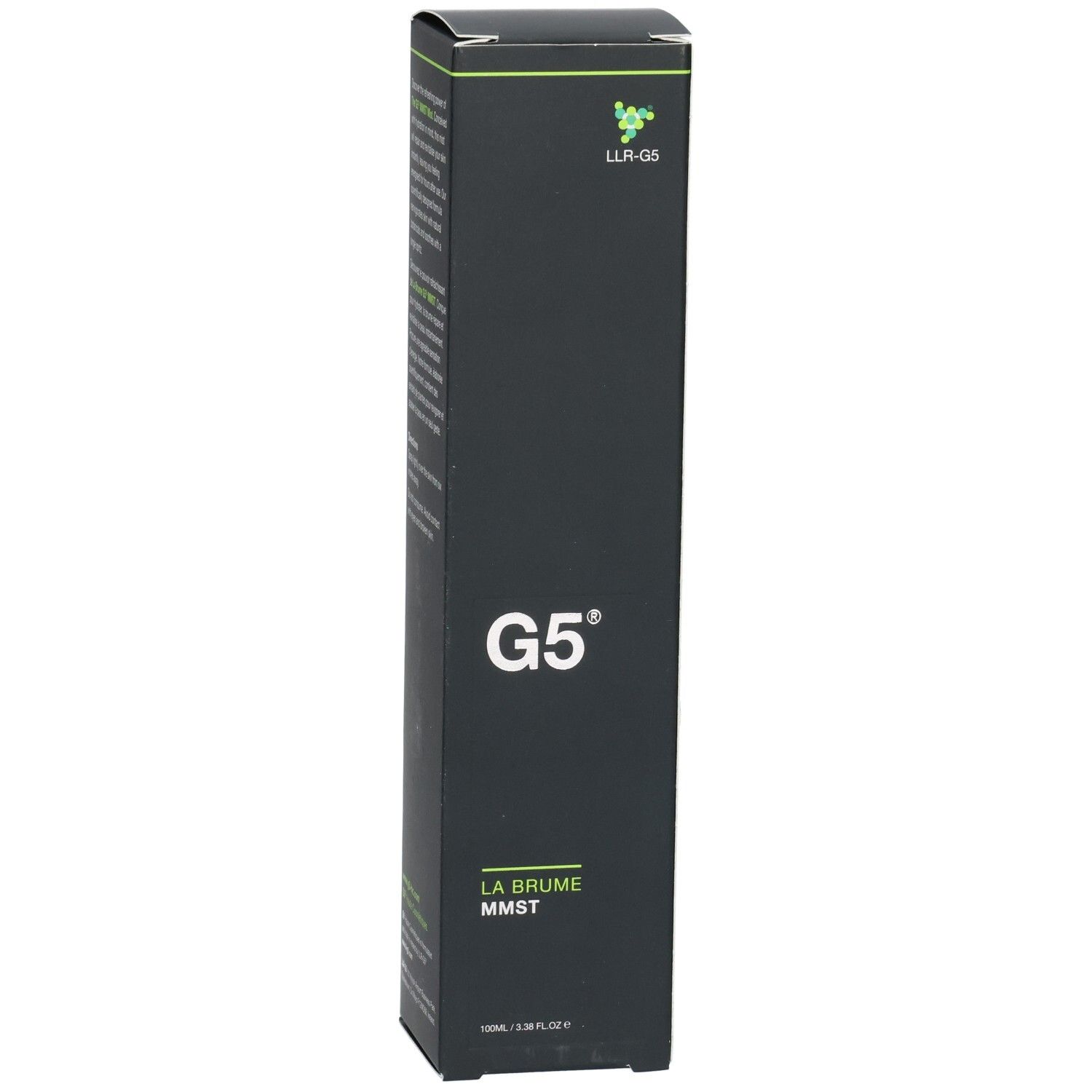 Emballage produit noir et allongé. Logo LLR-G5 en haut à gauche, suivi de G5. En dessous, LA BRUME MMST. Texte en bas.