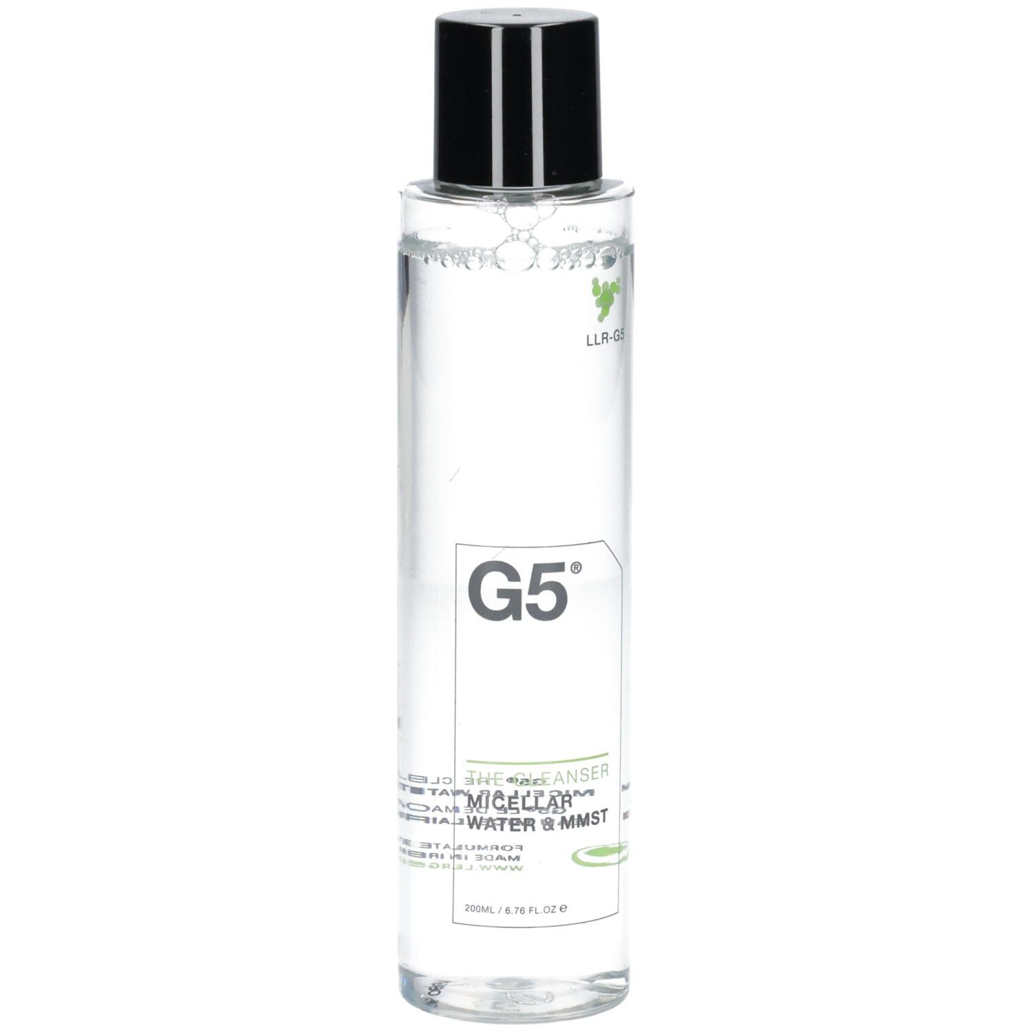Flacon cylindrique transparent avec bouchon noir. Inscription "G5" et nom du produit visible.