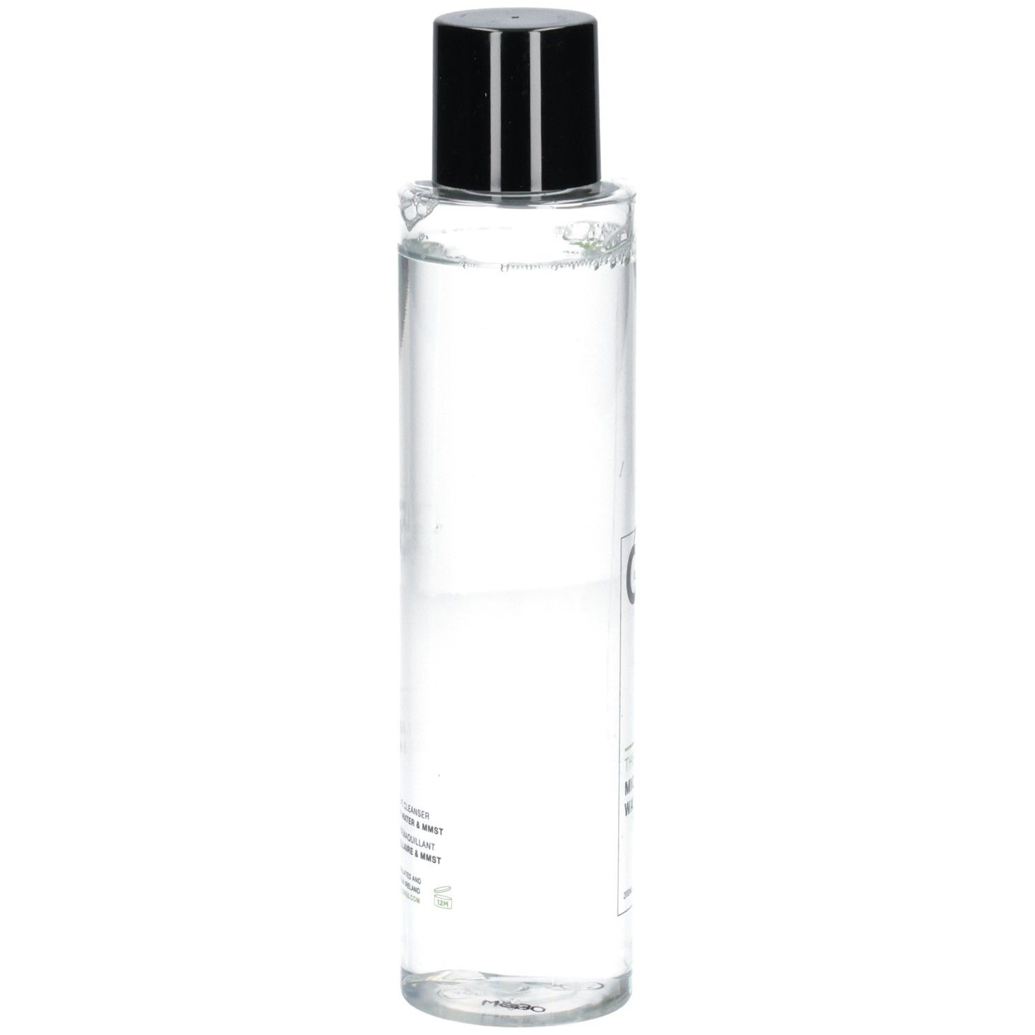 Flacon cylindrique avec bouchon noir, rempli de liquide clair. Étiquette avec informations produit.