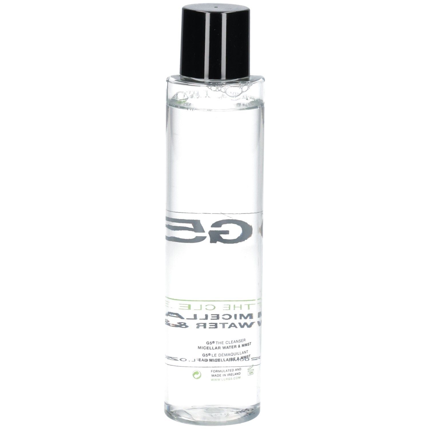 Flacon cylindrique avec bouchon noir, rempli de liquide clair. Inscription "G5" et nom du produit.