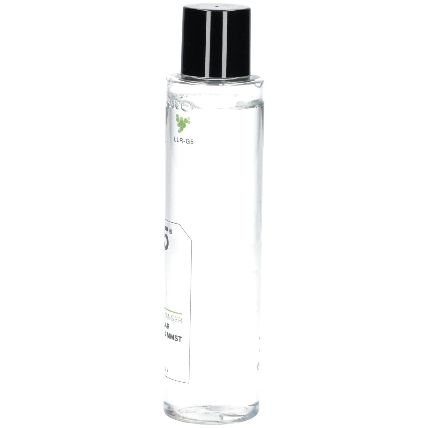 Flacon cylindrique avec bouchon noir, rempli de liquide clair. Inscription "G5" et nom du produit.