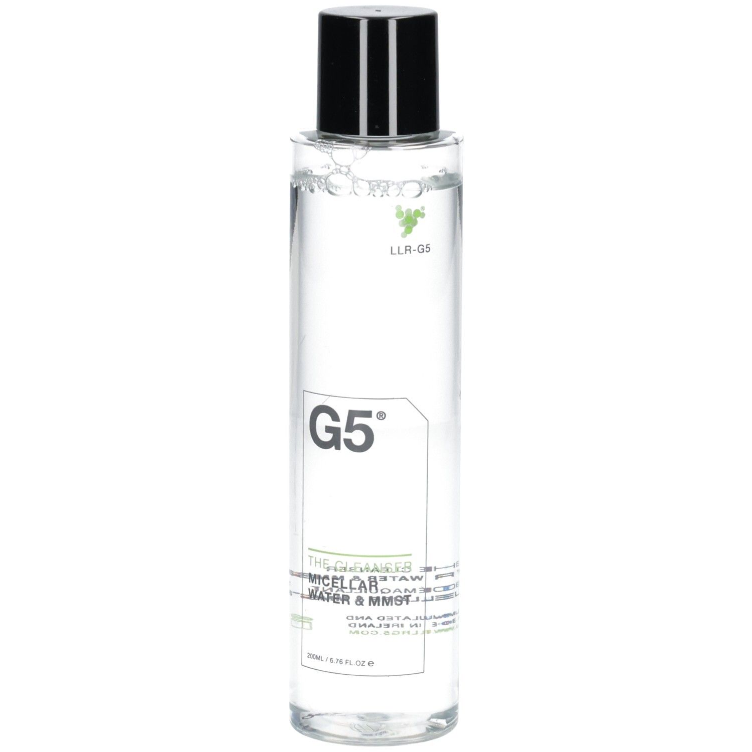 Flacon cylindrique avec bouchon noir, rempli de liquide clair. Inscription "G5" et nom du produit.