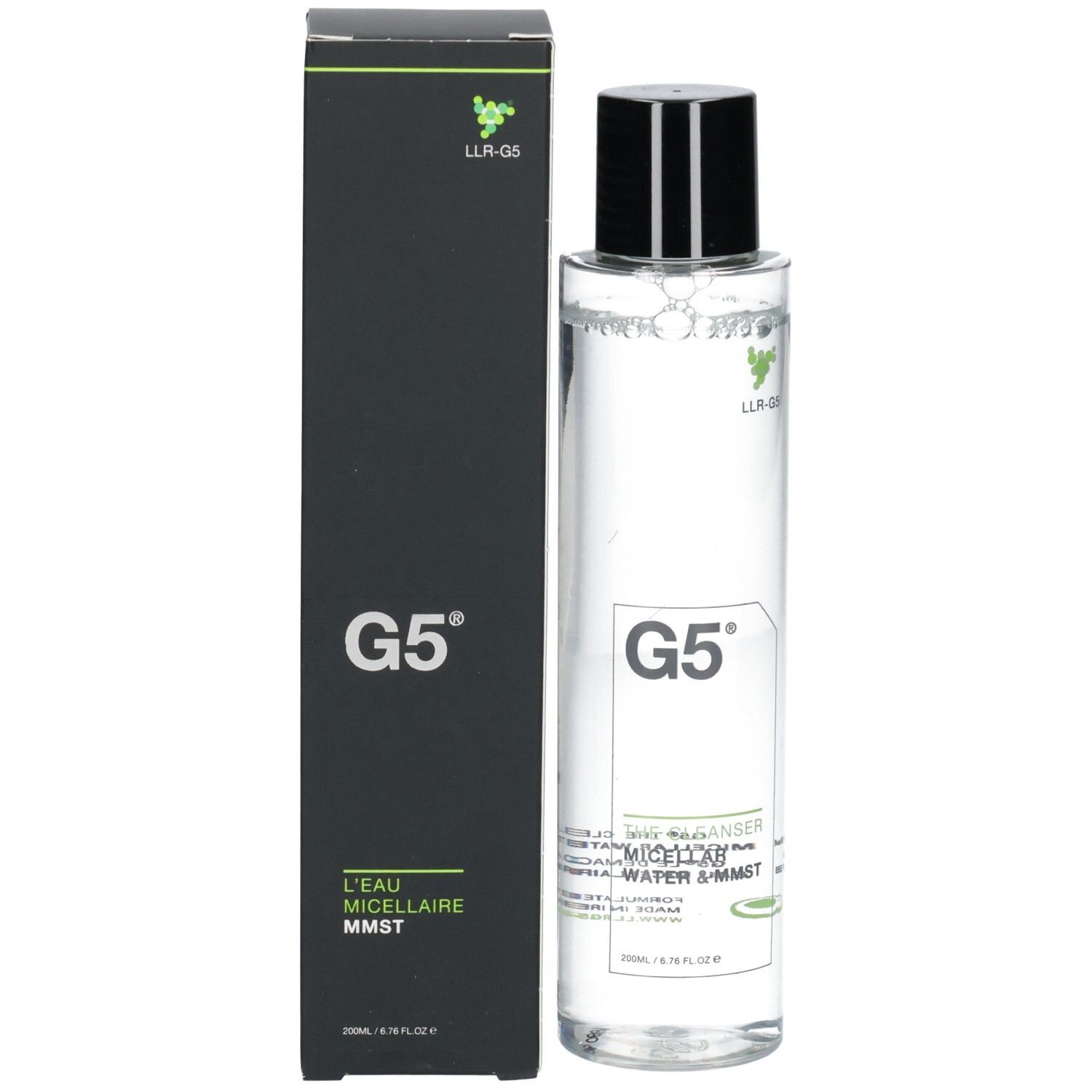 Flacon avec bouchon noir et emballage noir. Inscription "G5" et nom du produit.