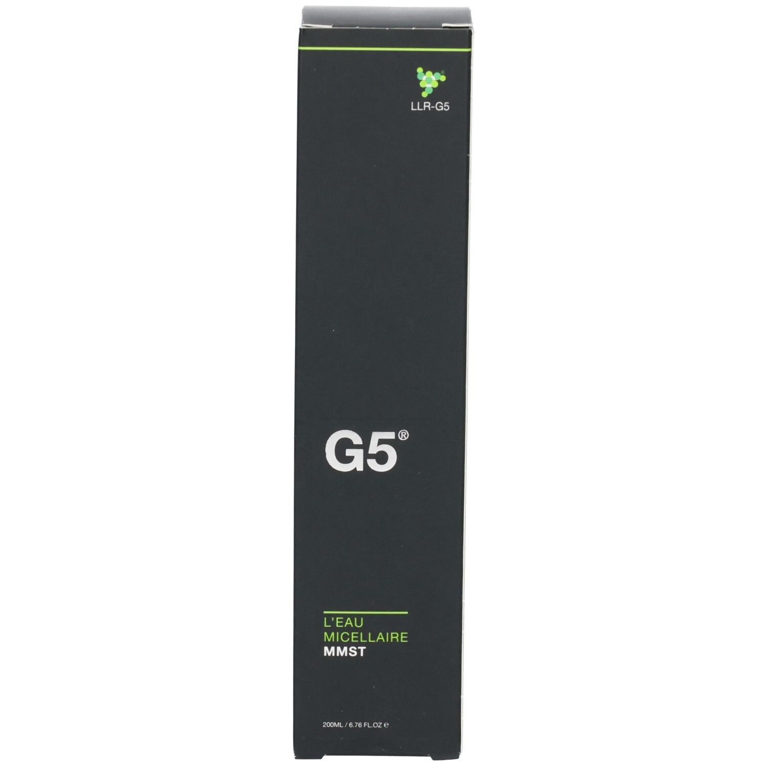 Emballage noir avec inscription blanche "G5" et nom du produit. Logo vert.