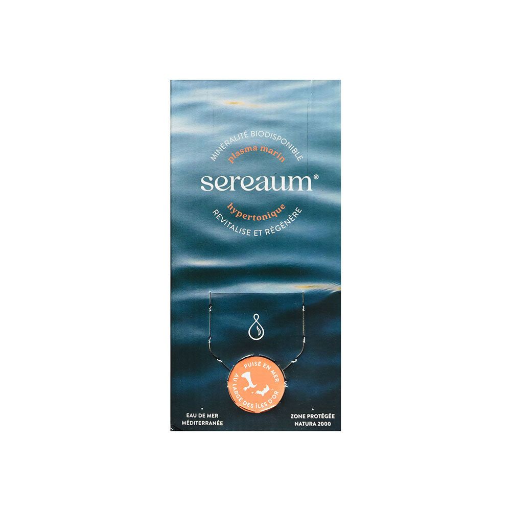 Boîte Sereaum Plasma Marin Hypertonique. Graphique vagues bleues, nom du produit, texte. Logo orange.