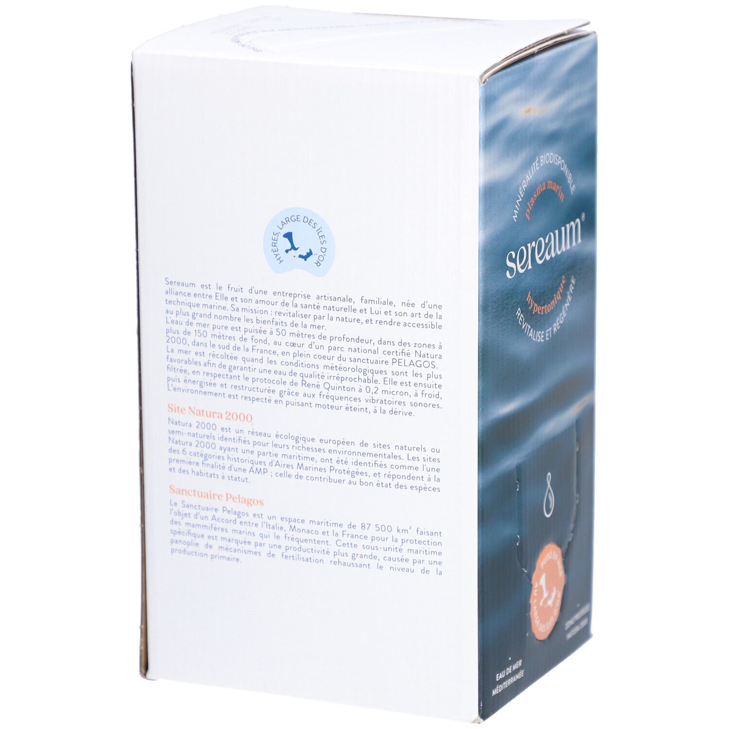 Boîte Sereaum Plasma Marin Hypertonique, vue latérale. Vagues bleues, texte, logo. Fond blanc.