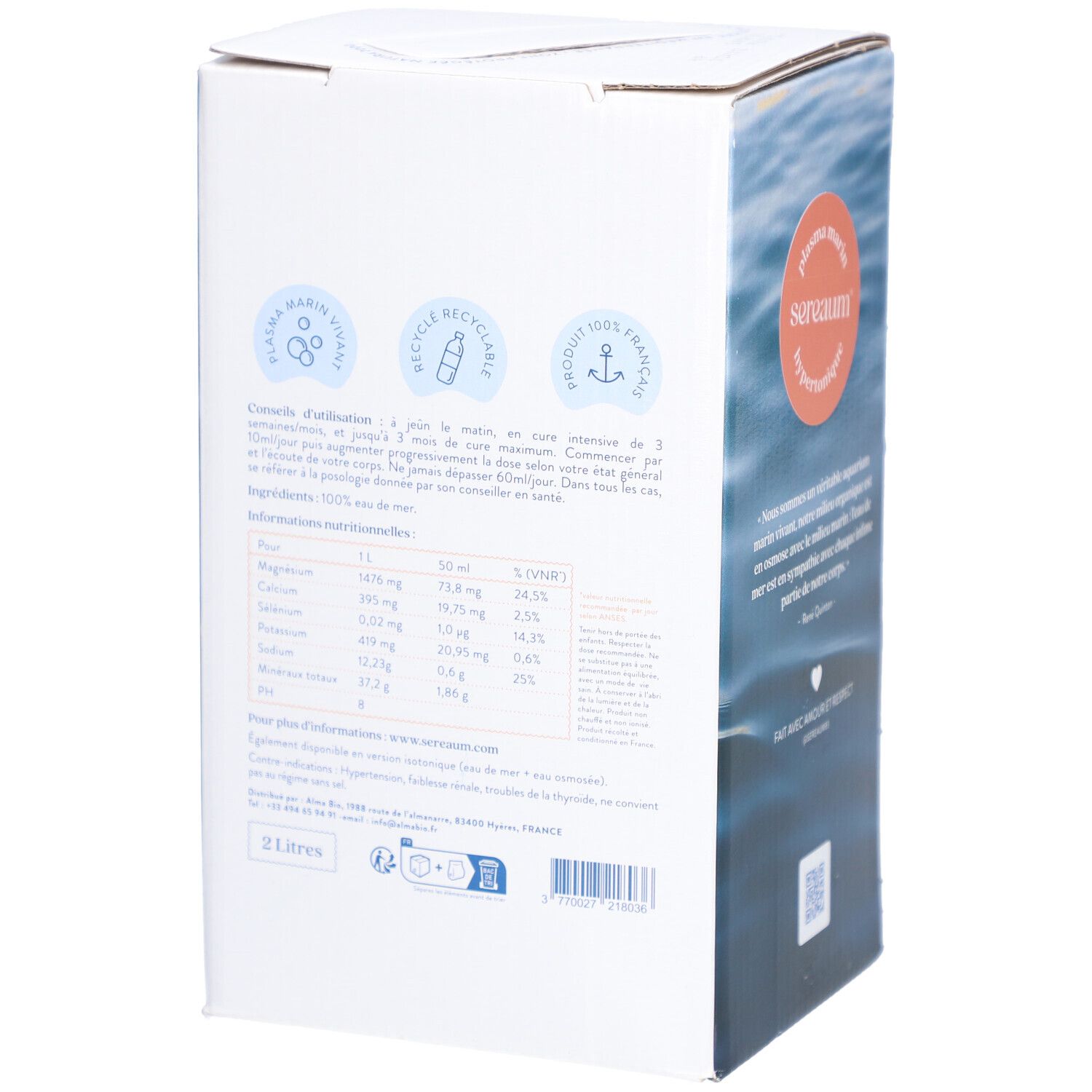 Boîte Sereaum Plasma Marin Hypertonique. Arrière. Vagues bleues, texte, logo. Informations nutritionnelles, certifications.
