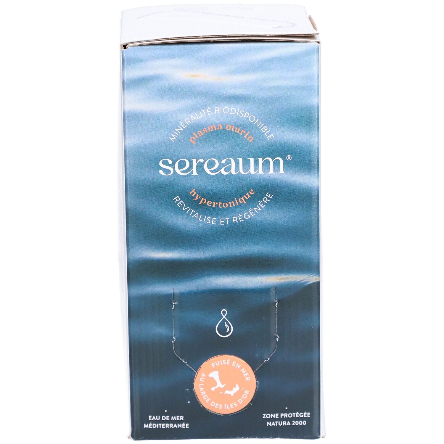 Boîte Sereaum Plasma Marin Hypertonique. Vagues bleues, texte, logo. Logo orange, certifications.
