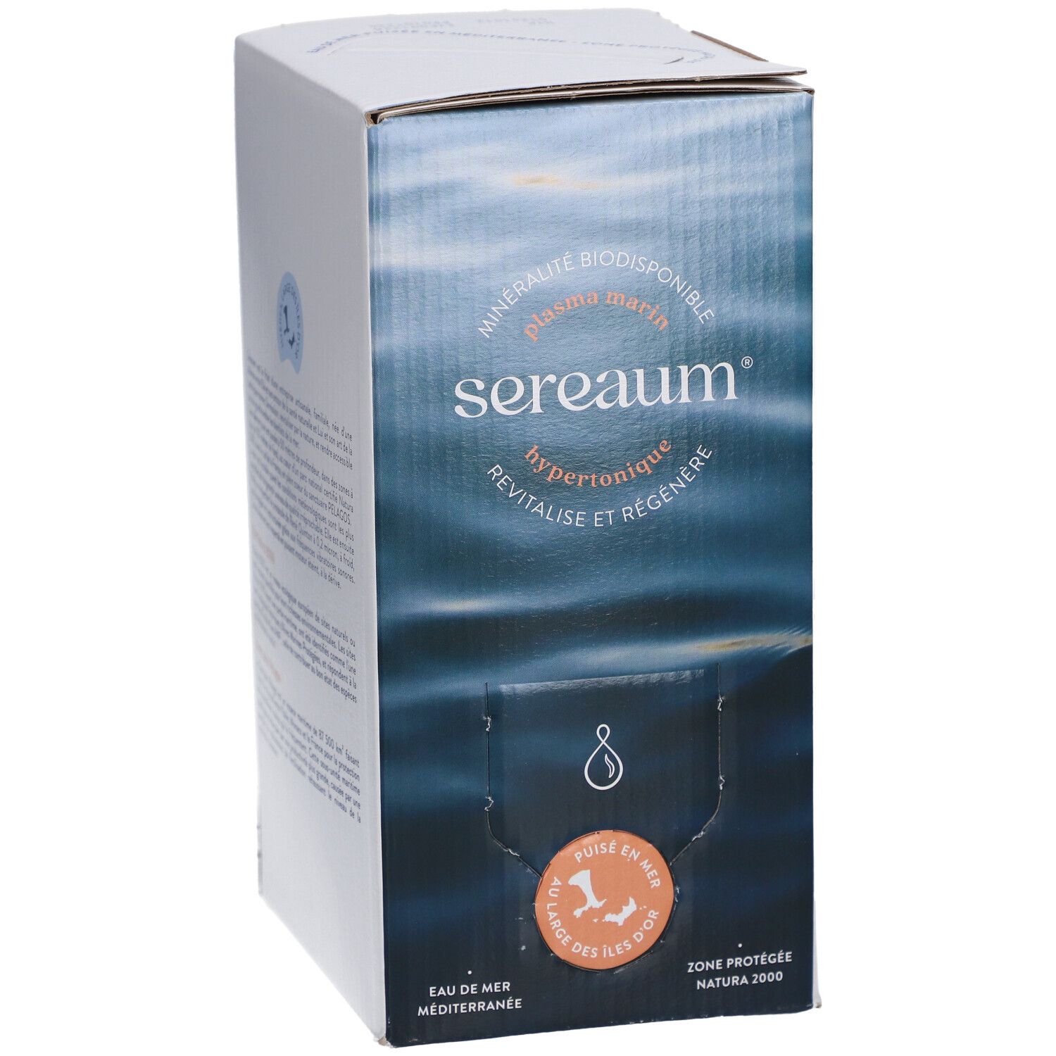 Boîte Sereaum Plasma Marin Hypertonique. Vagues bleues, texte, logo. Logo orange, certifications.