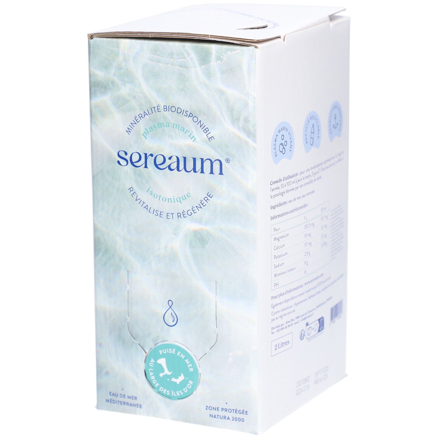 Emballage carton Sereaum. Inscription : minéralité, isotonique, revitalise. Logo goutte d'eau, eau de mer. Tableau nutritionnel. 2L.