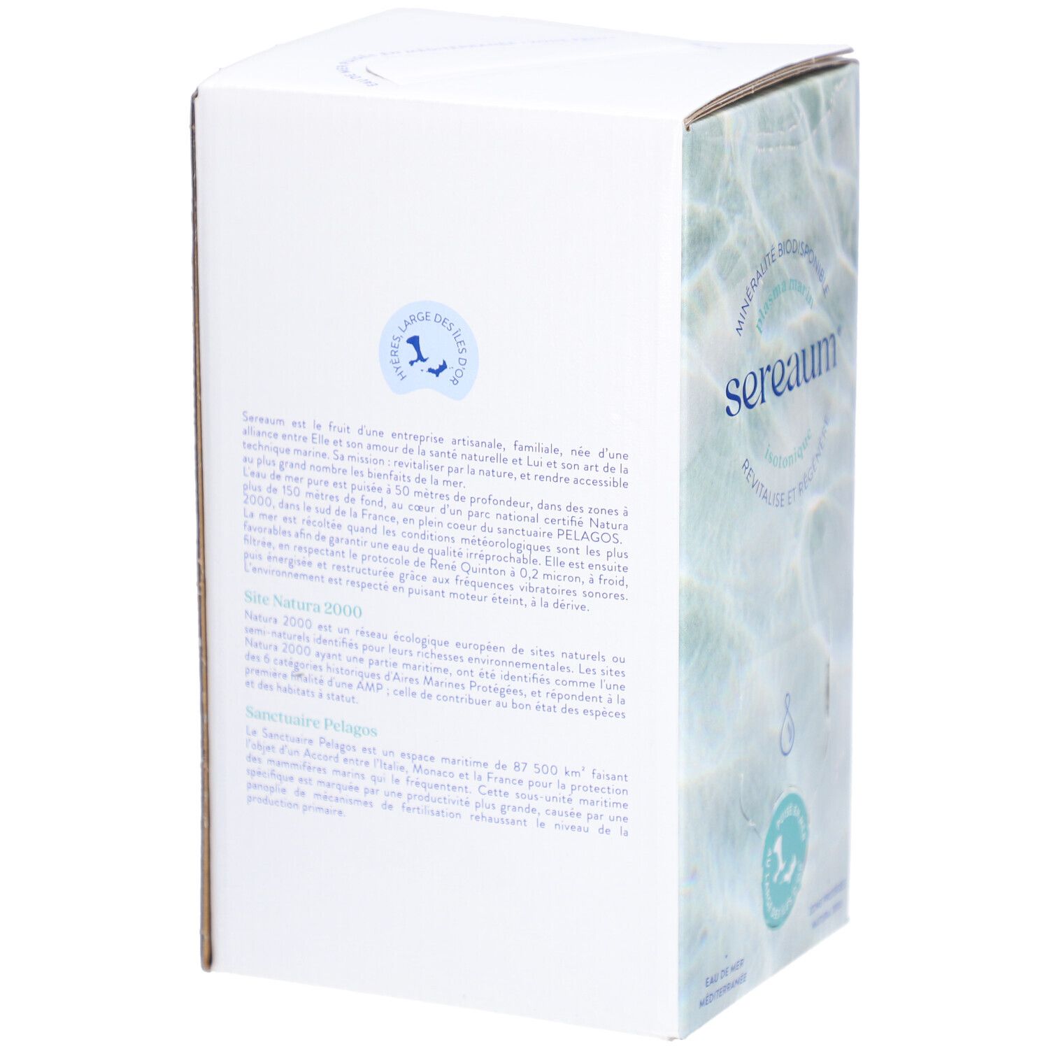 Emballage carton Sereaum, vue latérale. Inscription : minéralité, isotonique, revitalise. Logo goutte d'eau, eau de mer. Texte sur le produit.