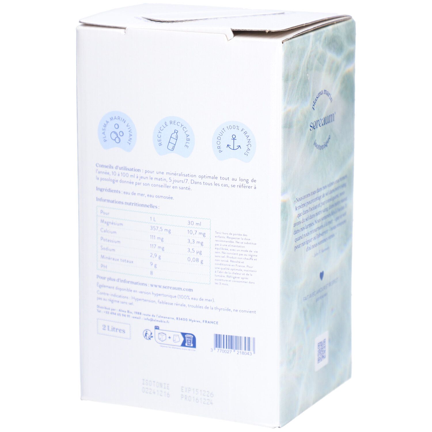 Emballage carton Sereaum, dos. Inscription : minéralité, isotonique, revitalise. Logo goutte d'eau, eau de mer. Ingrédients et utilisation.