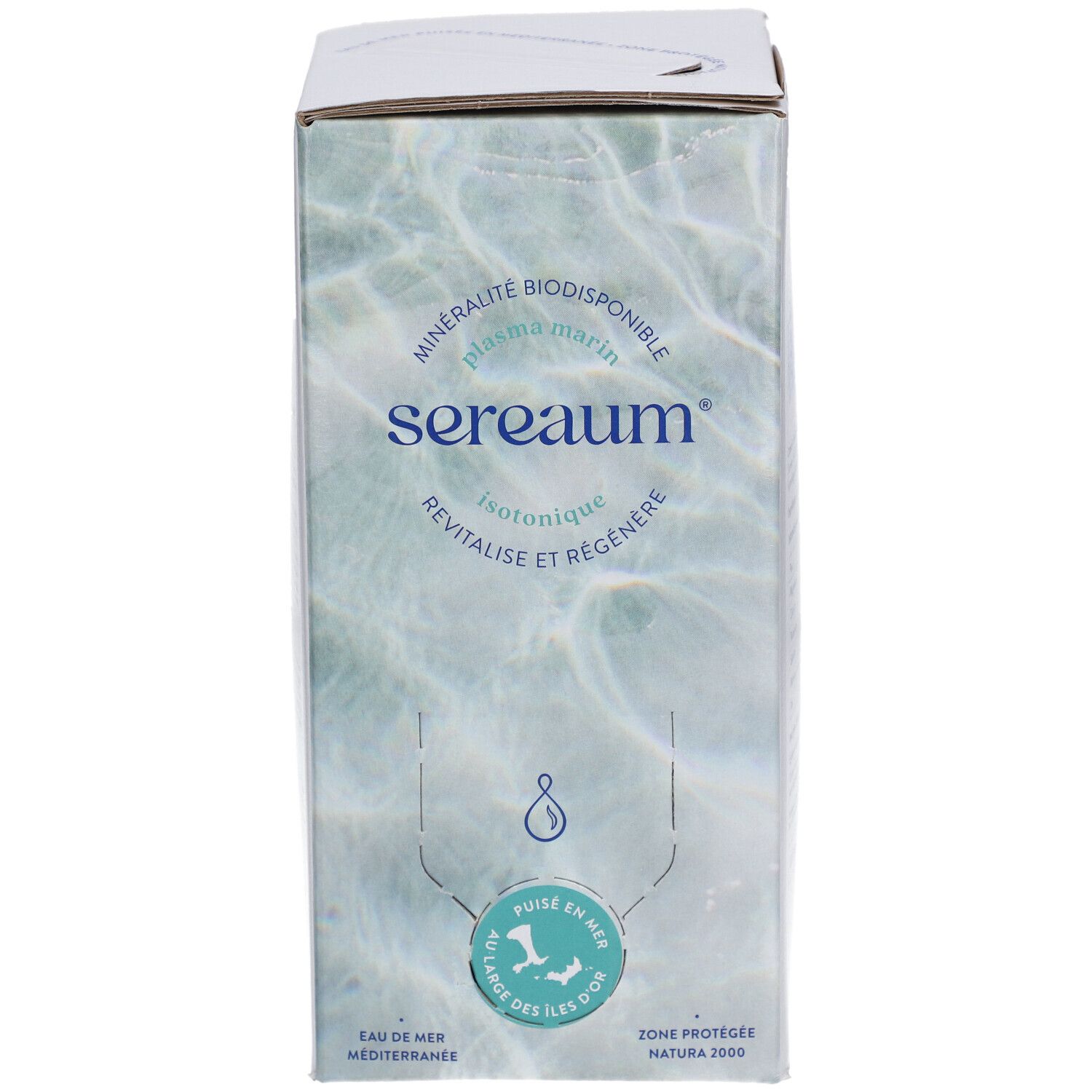 Emballage carton Sereaum. Inscription : minéralité, isotonique, revitalise. Logo goutte d'eau, eau de mer. Eau de mer, zone protégée.
