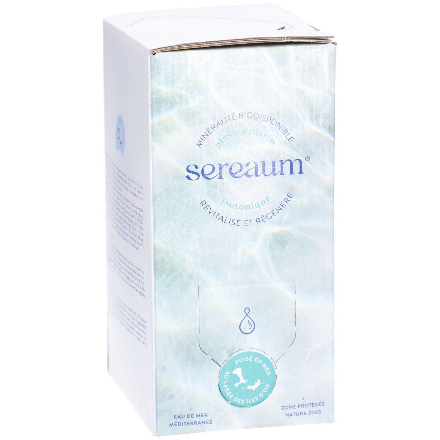 Emballage carton Sereaum. Inscription : minéralité, isotonique, revitalise. Logo goutte d'eau, eau de mer. Eau de mer, zone protégée.