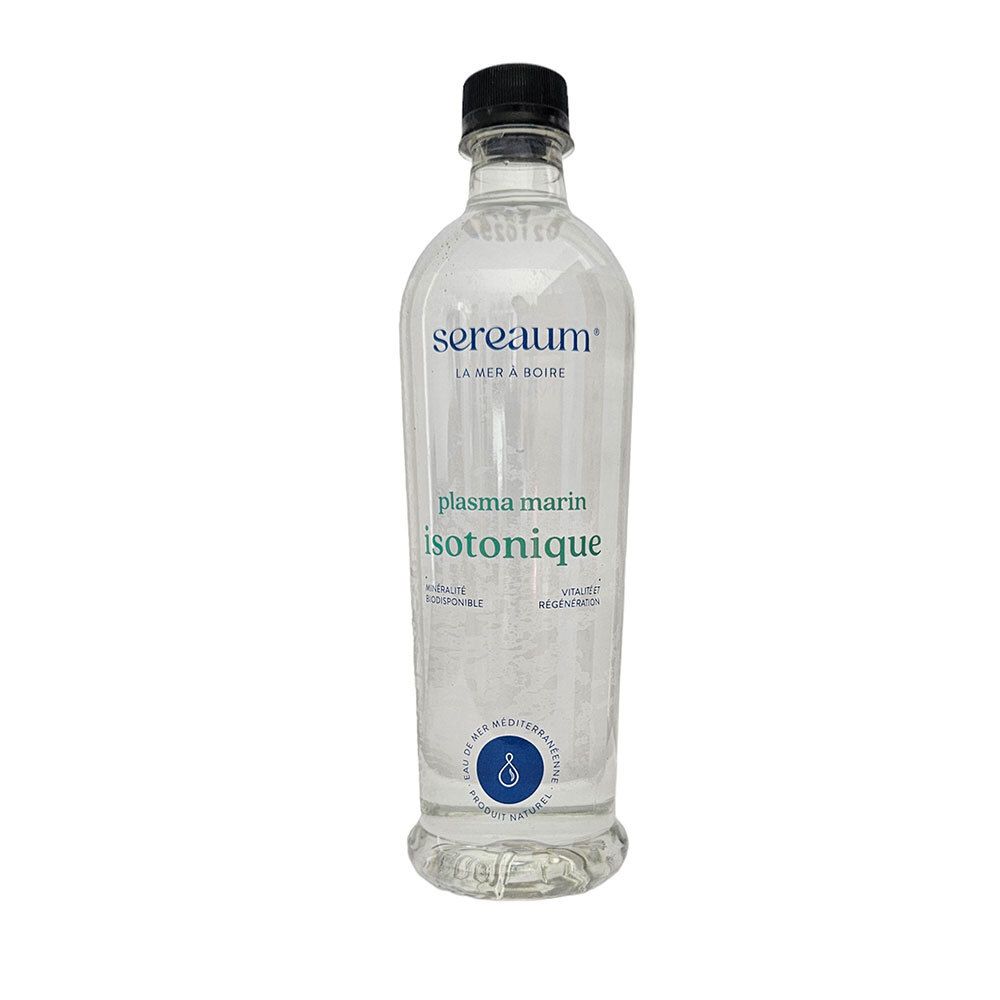 Bouteille transparente avec bouchon noir. Inscription: Sereaum Plasma Marin Isotonique. Étiquettes bleues et vertes.