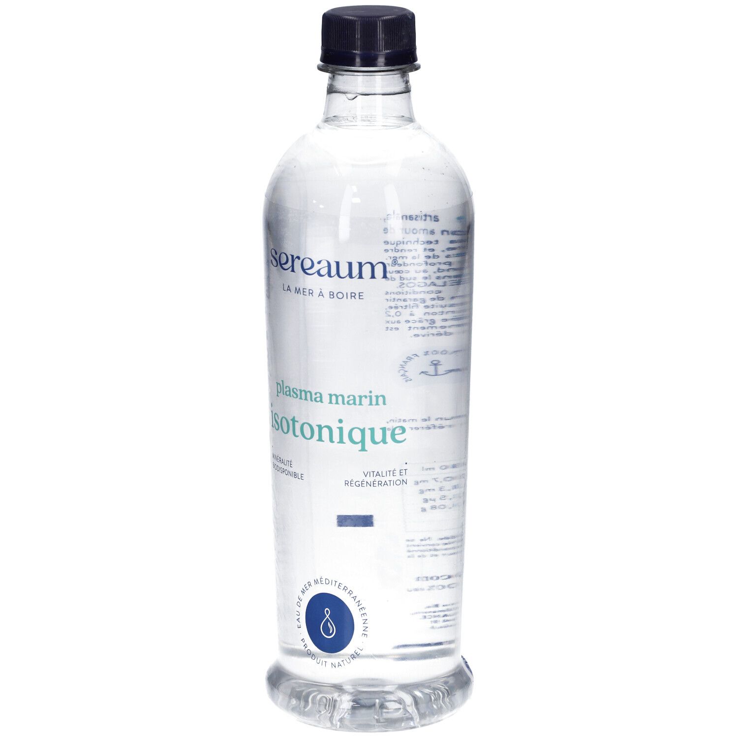 Bouteille transparente avec bouchon noir. Inscription: Sereaum Plasma Marin Isotonique. Étiquette avec texte et logo.