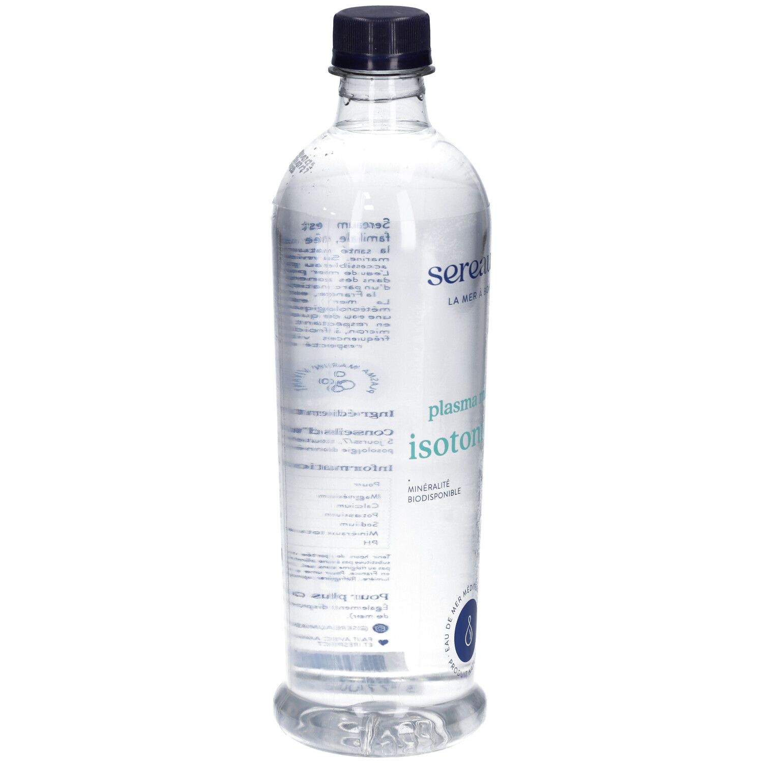 Bouteille transparente avec bouchon noir. Vue arrière avec texte et logo. Inscription: Sereaum Plasma Marin Isotonique.