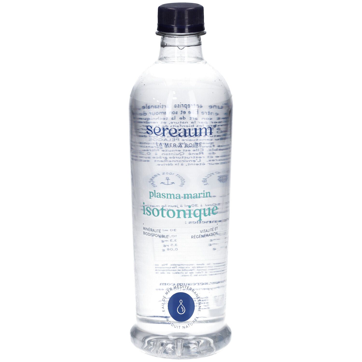 Bouteille transparente avec bouchon noir. Vue arrière avec texte et logo. Inscription: Sereaum Plasma Marin Isotonique.