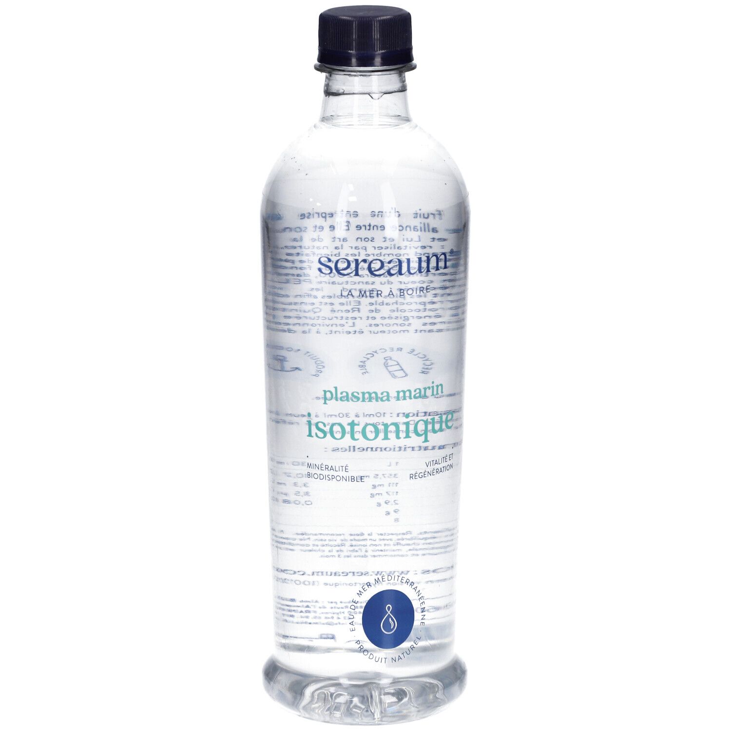 Bouteille transparente avec bouchon noir. Inscription: Sereaum Plasma Marin Isotonique. Étiquette avec texte et logo.