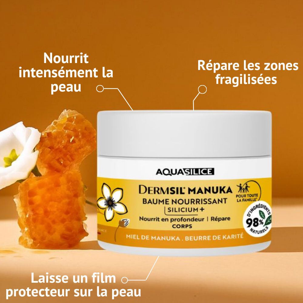 Aquasilice Dermsil Manuka Baume: Nourrit, répare, laisse un film protecteur.