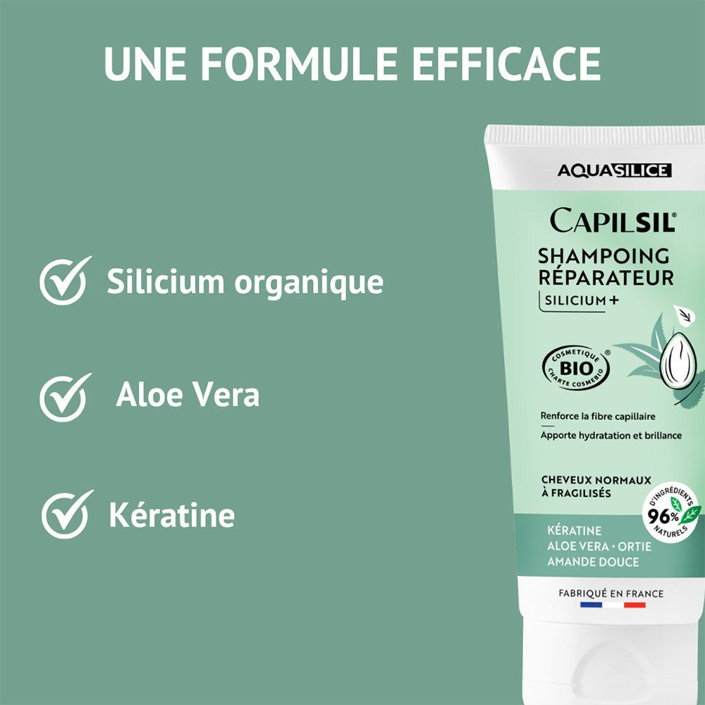 Aquasilice Capilsil Shampoo: Silicium organique, Aloe Vera, Kératine. Pour cheveux normaux à fragilisés.
