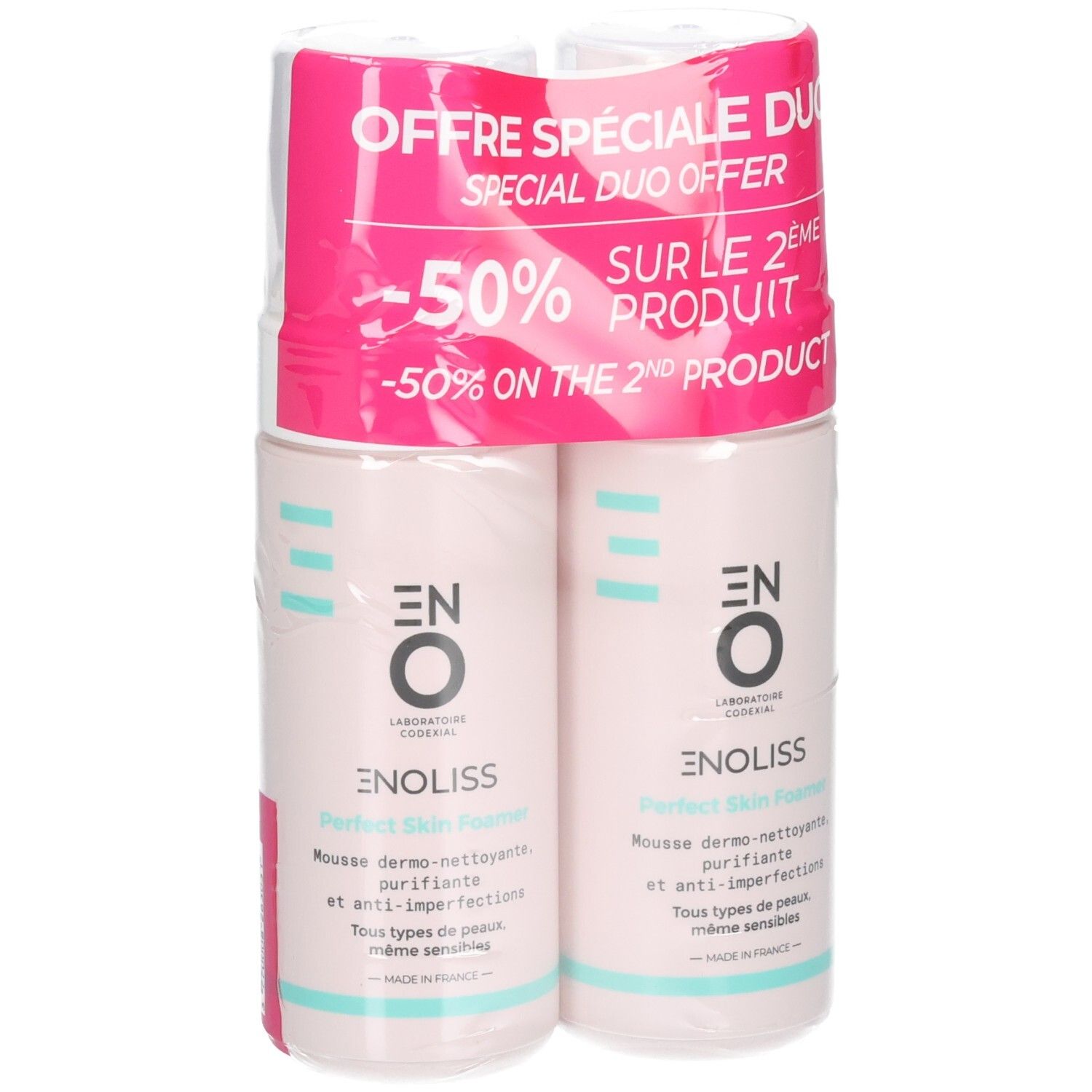 Deux flacons de Codexial Enoliss Perfect Skin Foamer en offre duo spéciale, -50% sur le 2ème produit.