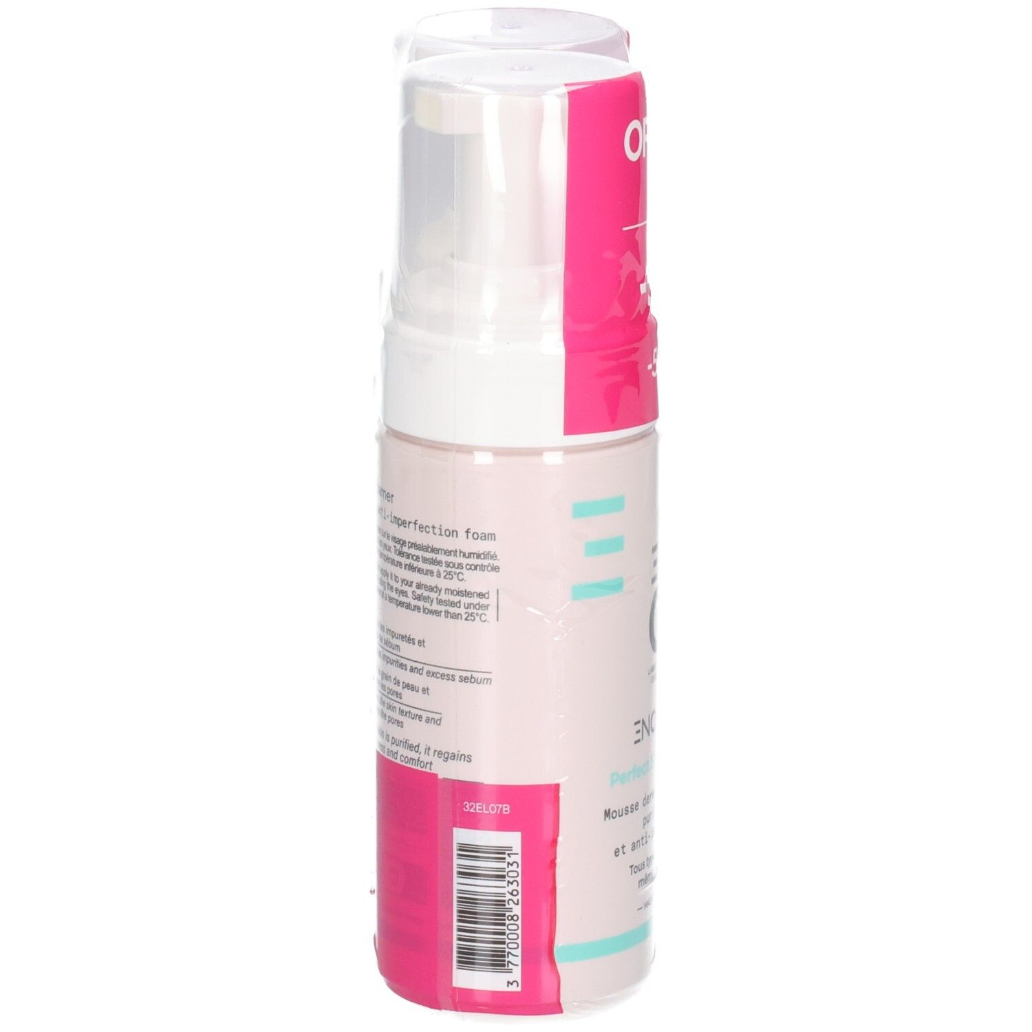 Côté d'un flacon Codexial Enoliss Perfect Skin Foamer avec informations produit et code-barres.