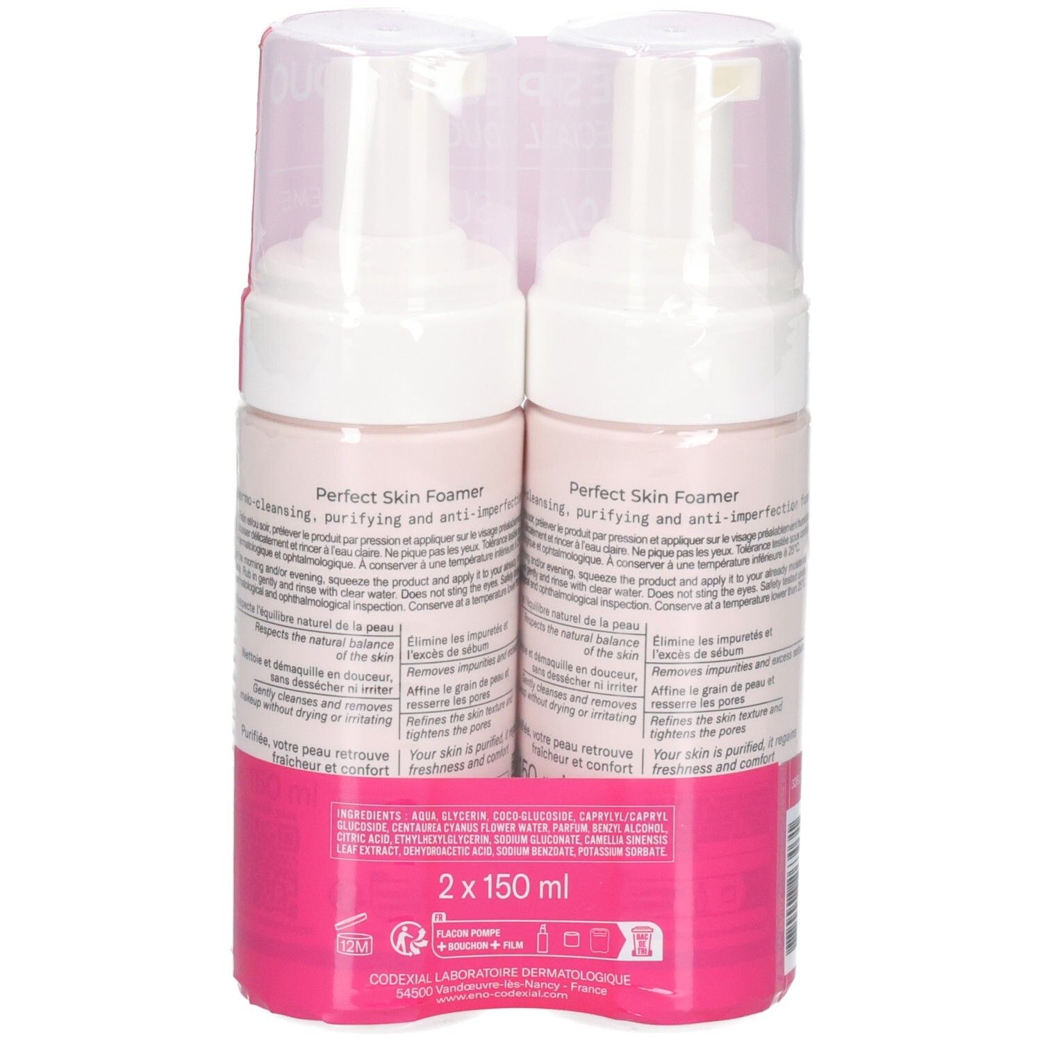 Arrière d'un pack duo Codexial Enoliss Perfect Skin Foamer avec descriptions produit et ingrédients.